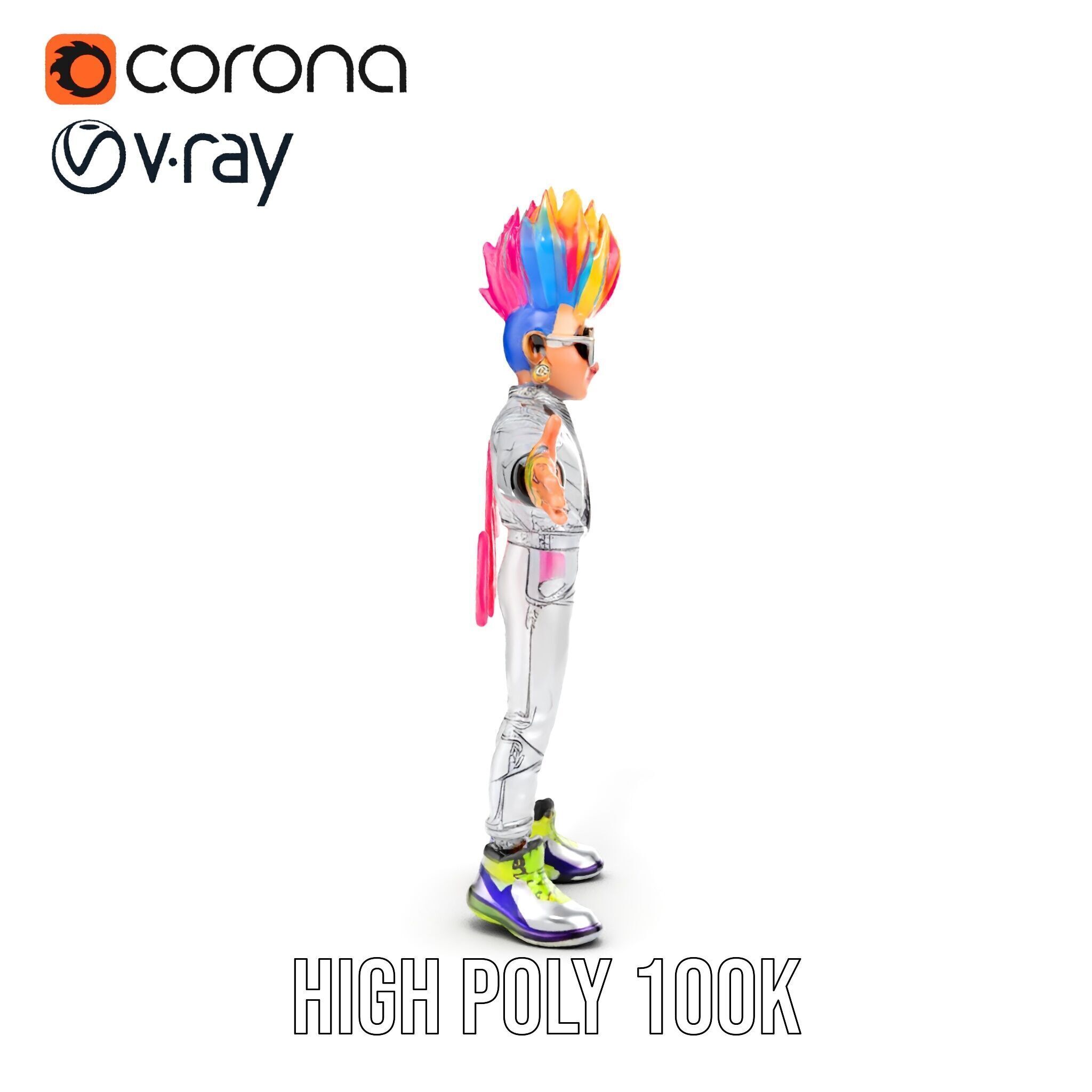 Colorful Mohawk Punk Rocker Character Rigged and Animated Low-poly 3D model_14