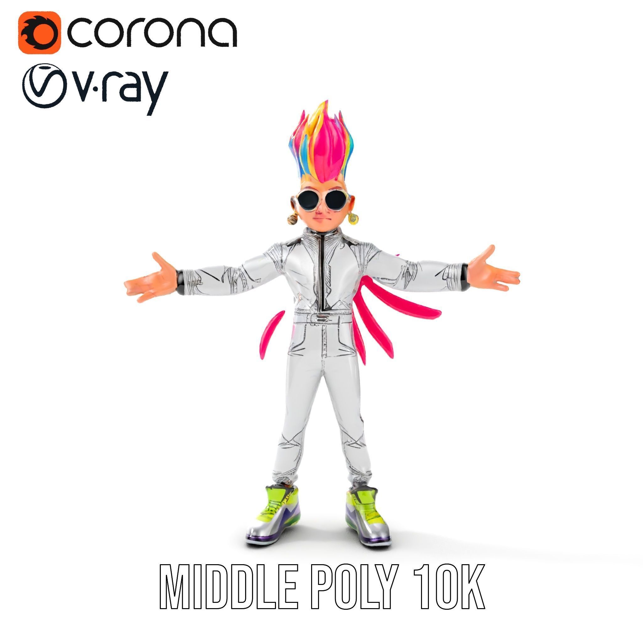 Colorful Mohawk Punk Rocker Character Rigged and Animated Low-poly 3D model_9