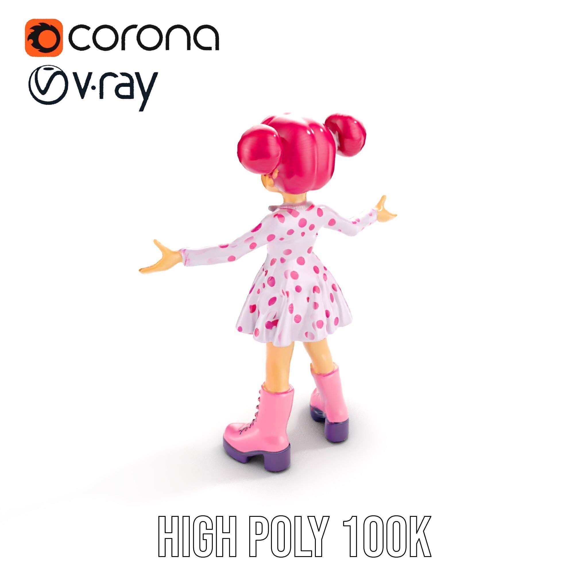 Polka Dot Dress Girl Rigged and Animated D Model Low-poly 3D model_11