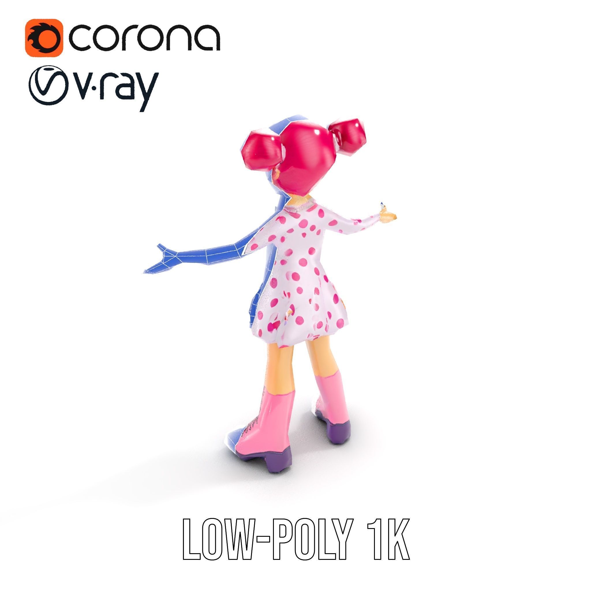 Polka Dot Dress Girl Rigged and Animated D Model Low-poly 3D model_22