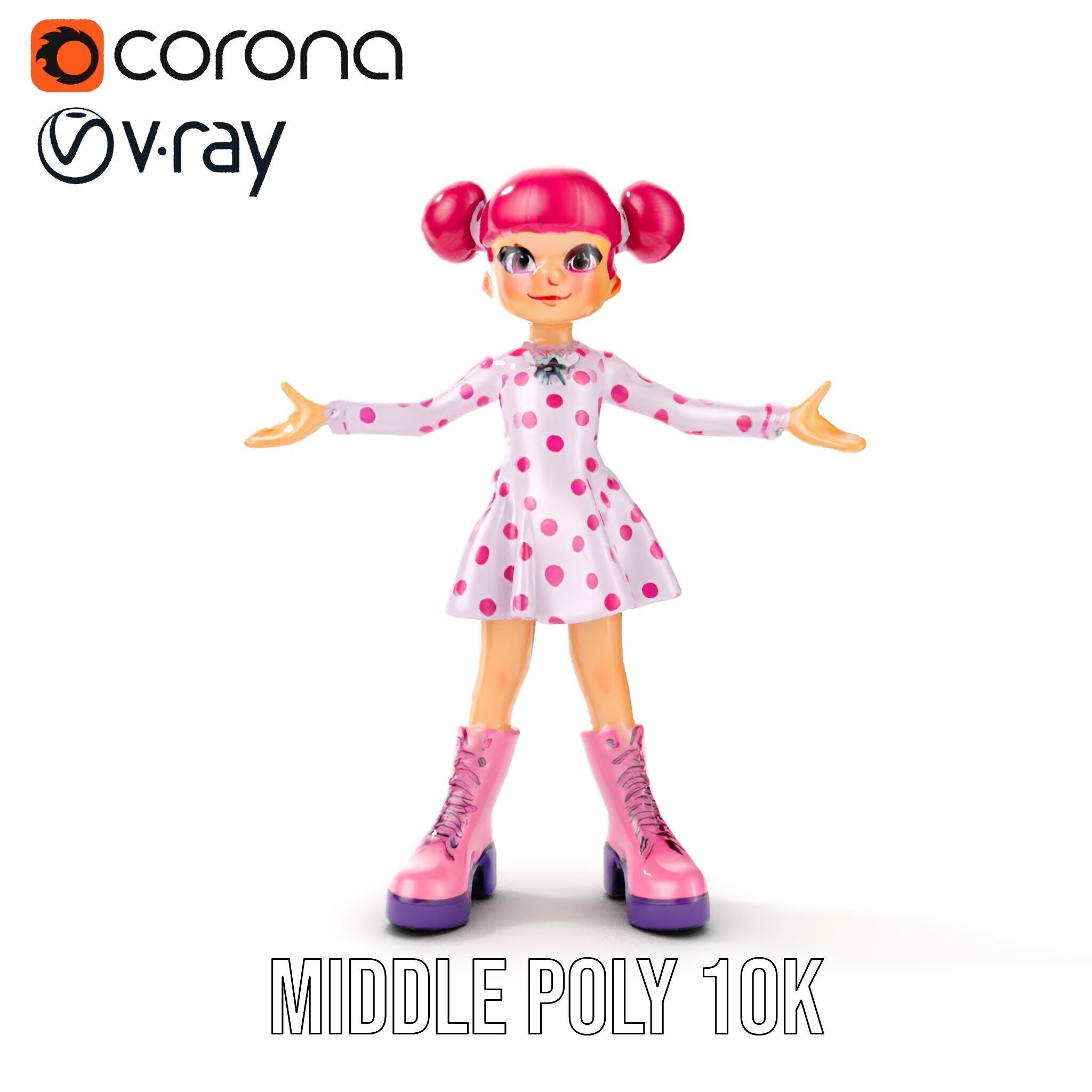 Polka Dot Dress Girl Rigged and Animated D Model Low-poly 3D model_15