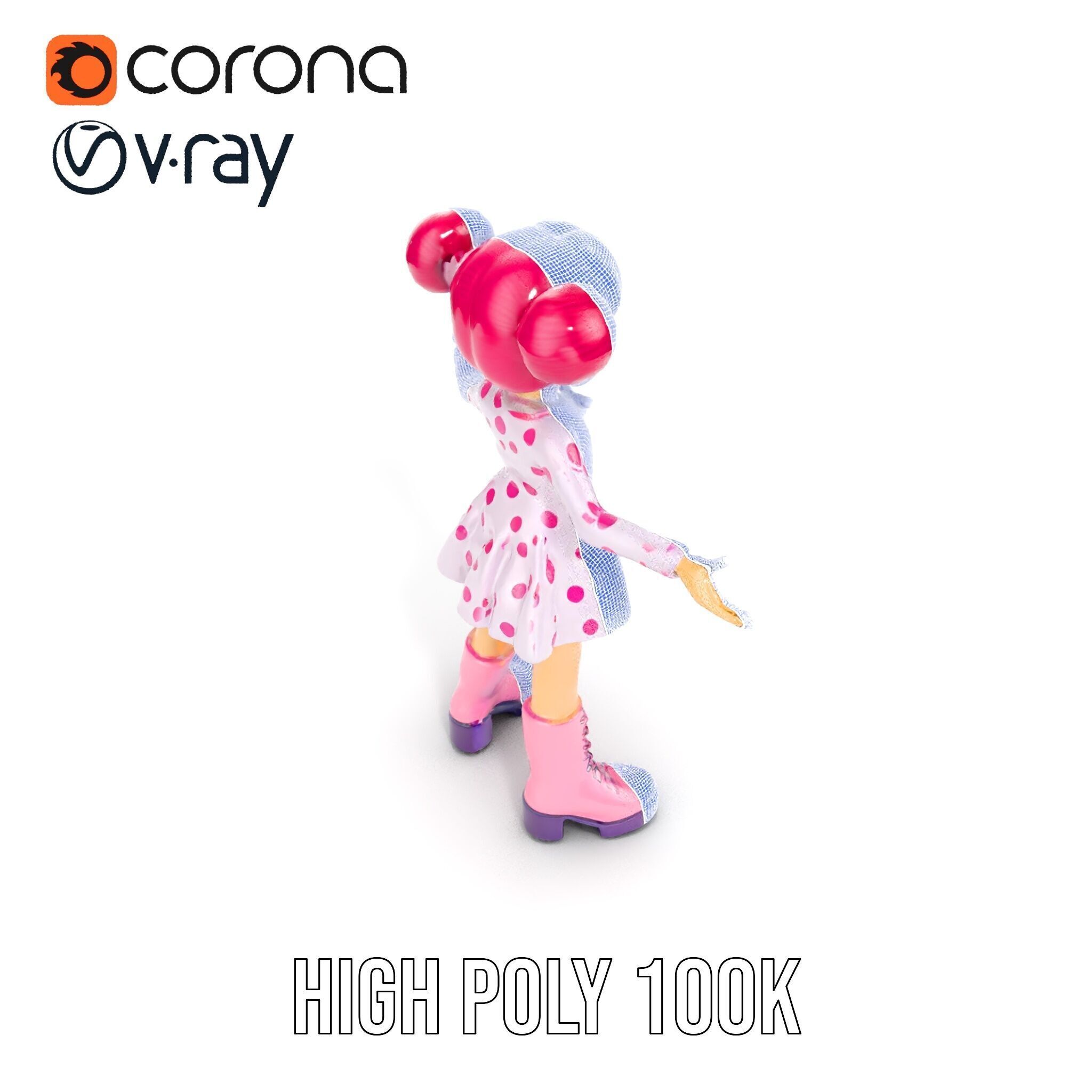 Polka Dot Dress Girl Rigged and Animated D Model Low-poly 3D model_26