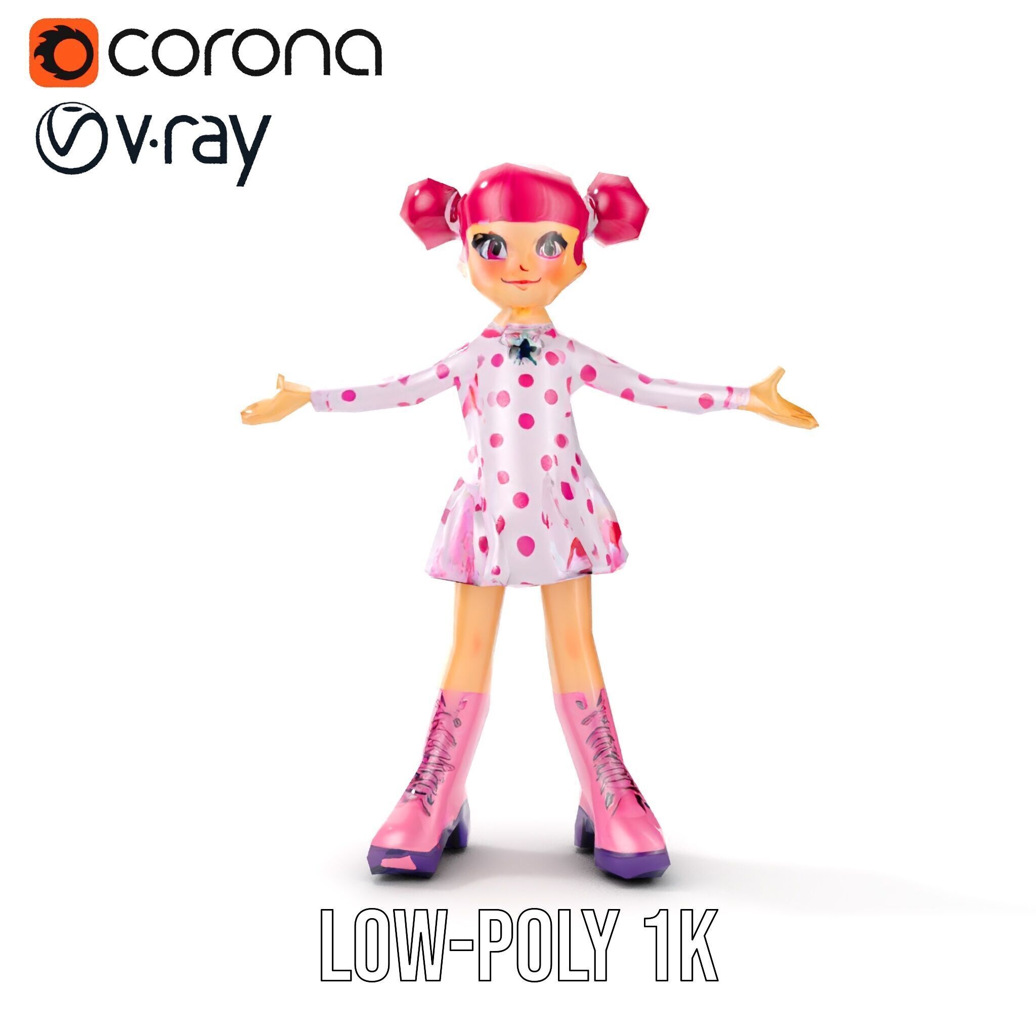 Polka Dot Dress Girl Rigged and Animated D Model Low-poly 3D model_28