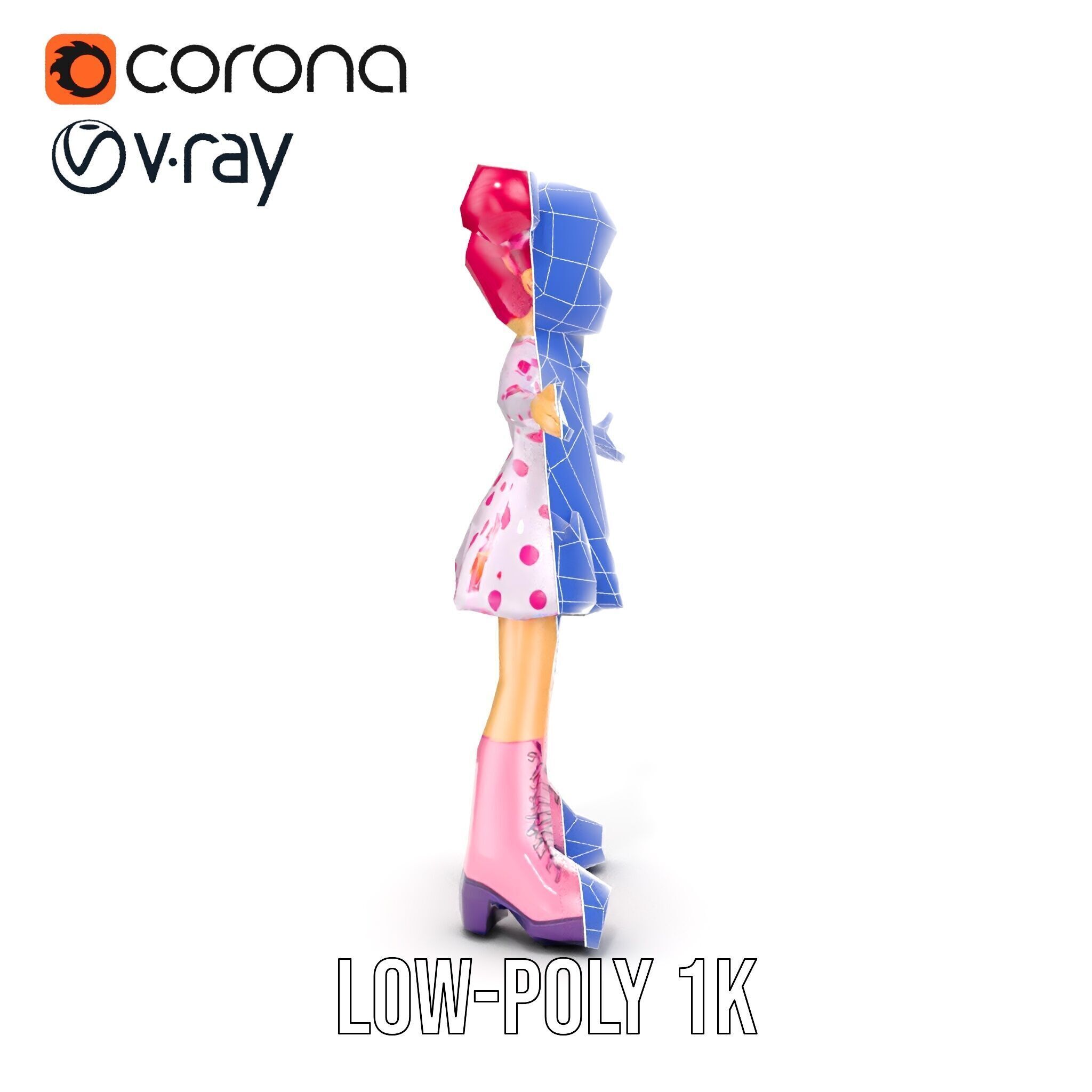 Polka Dot Dress Girl Rigged and Animated D Model Low-poly 3D model_8