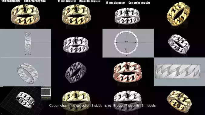 Cuban chain ring collection 3 sizes   size 16 size 17 size 18