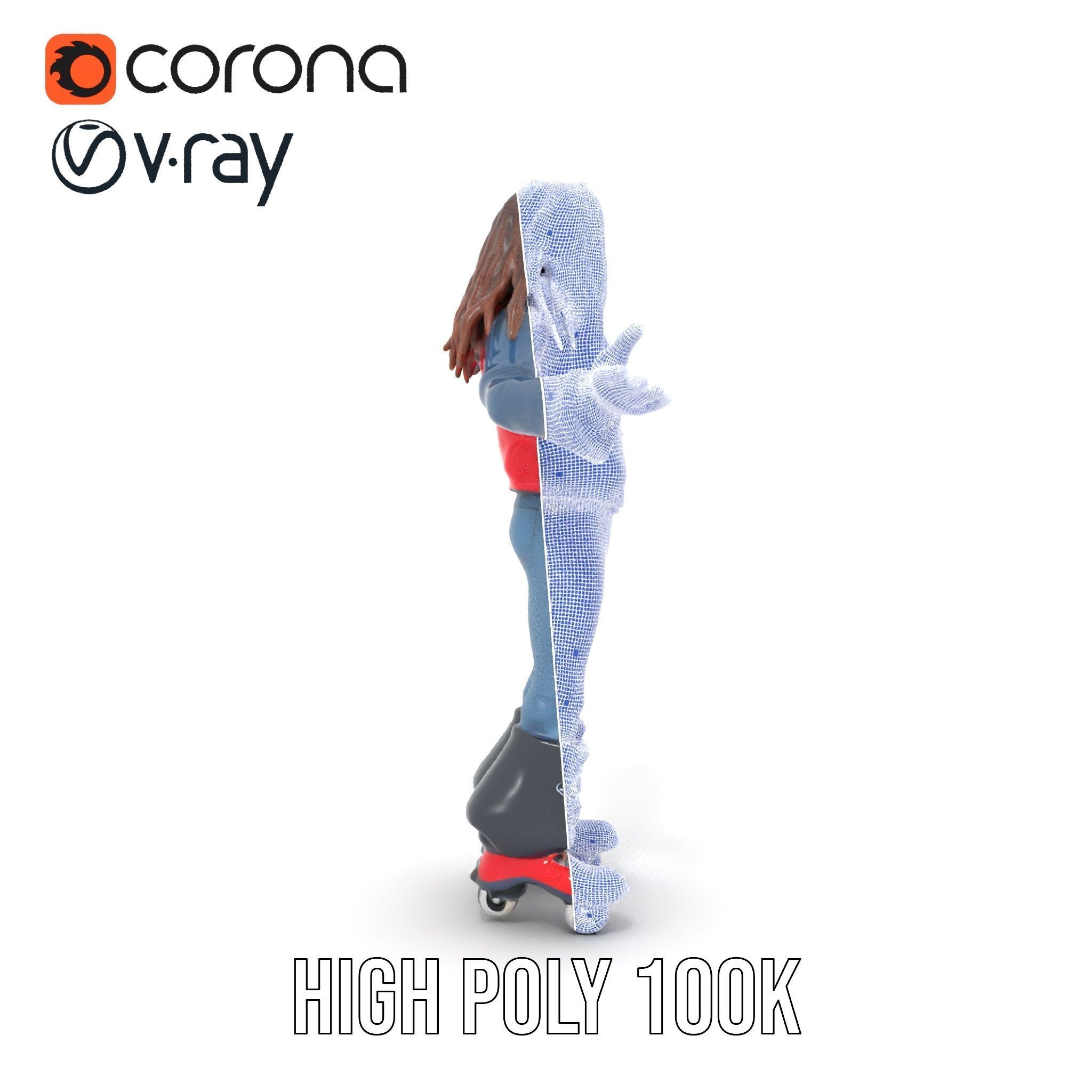 Roller Skater Character Rigged and Animated with Retro Style Low-poly 3D model_35