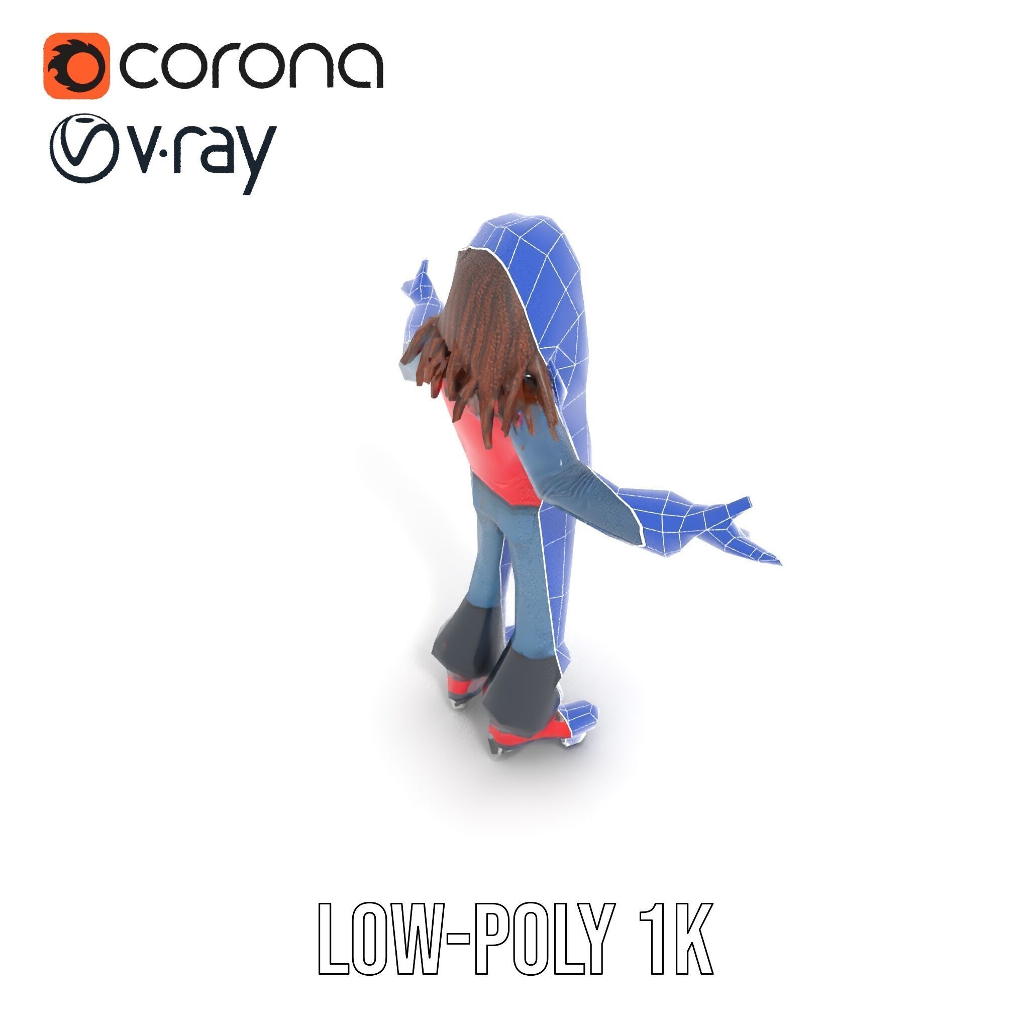 Roller Skater Character Rigged and Animated with Retro Style Low-poly 3D model_8