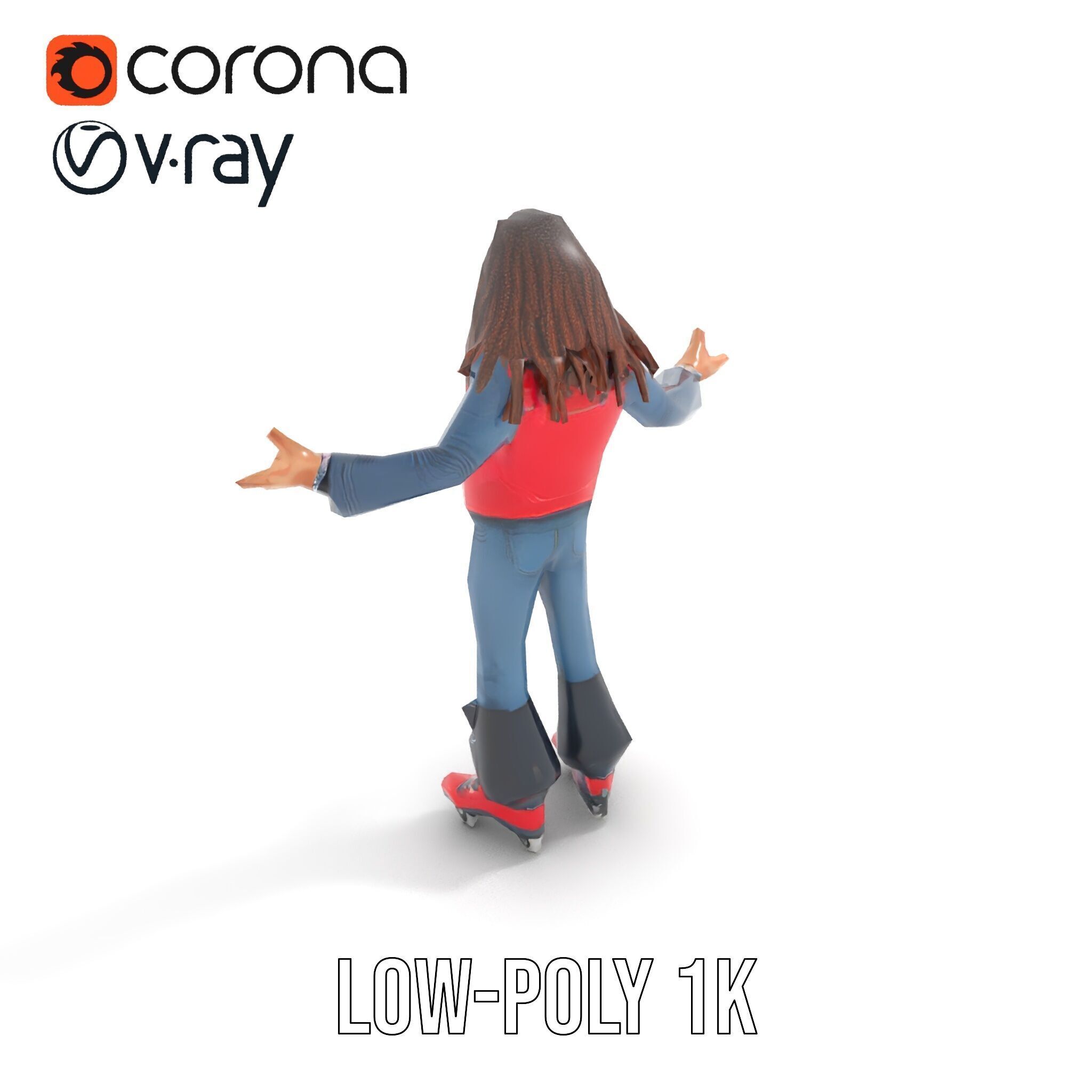 Roller Skater Character Rigged and Animated with Retro Style Low-poly 3D model_16