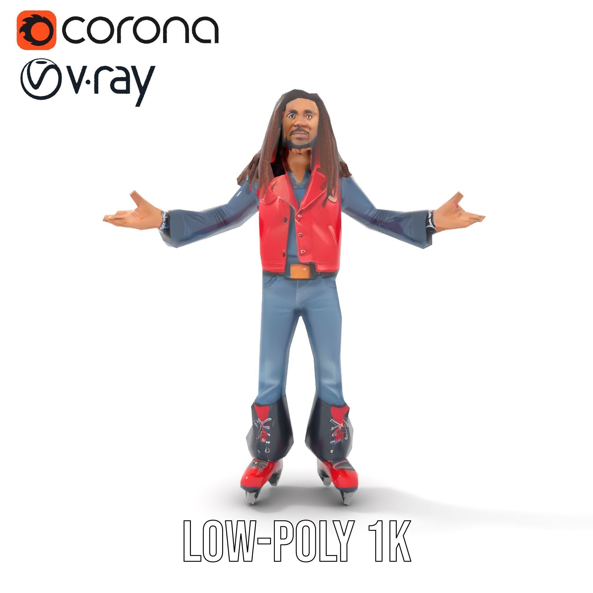 Roller Skater Character Rigged and Animated with Retro Style Low-poly 3D model_27