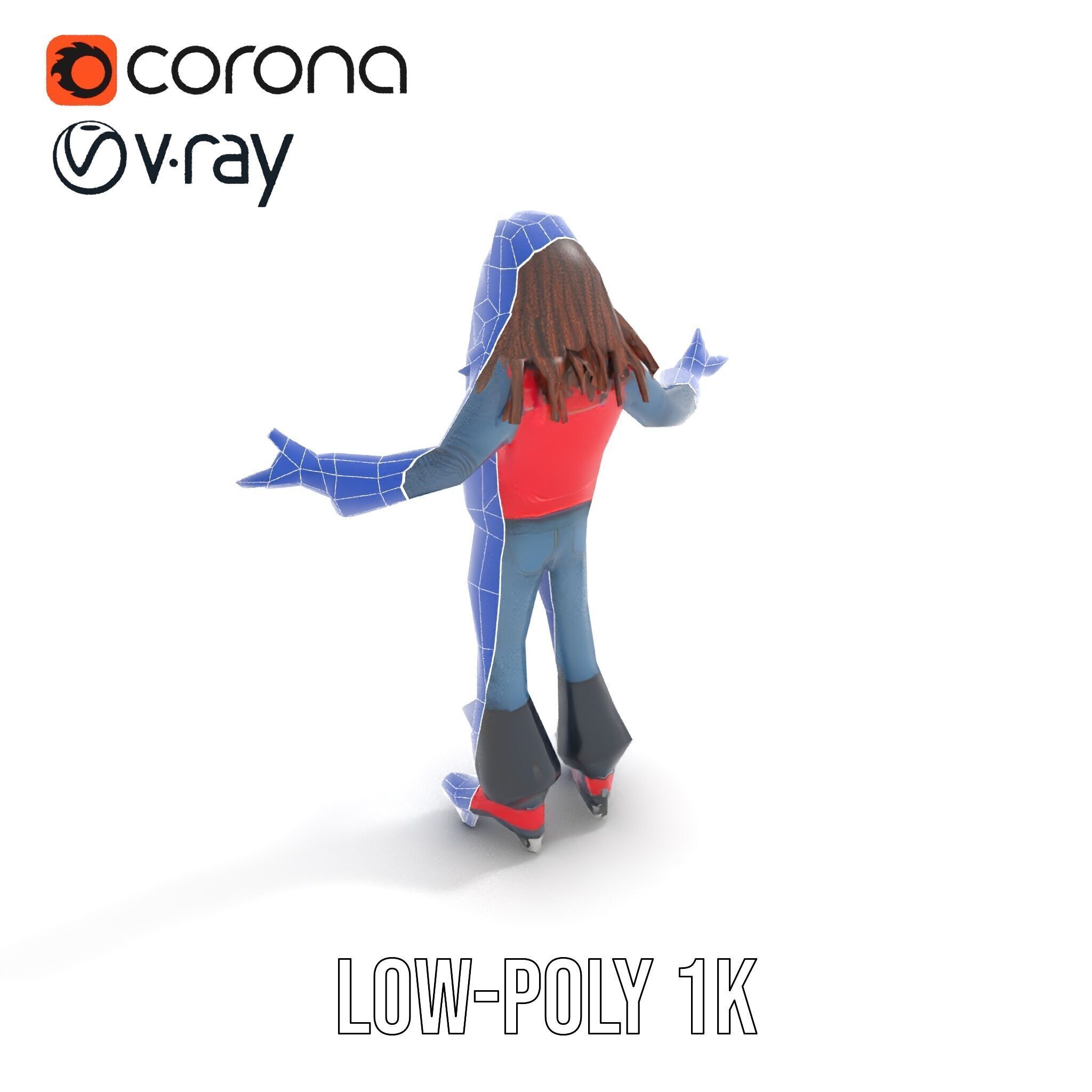 Roller Skater Character Rigged and Animated with Retro Style Low-poly 3D model_13