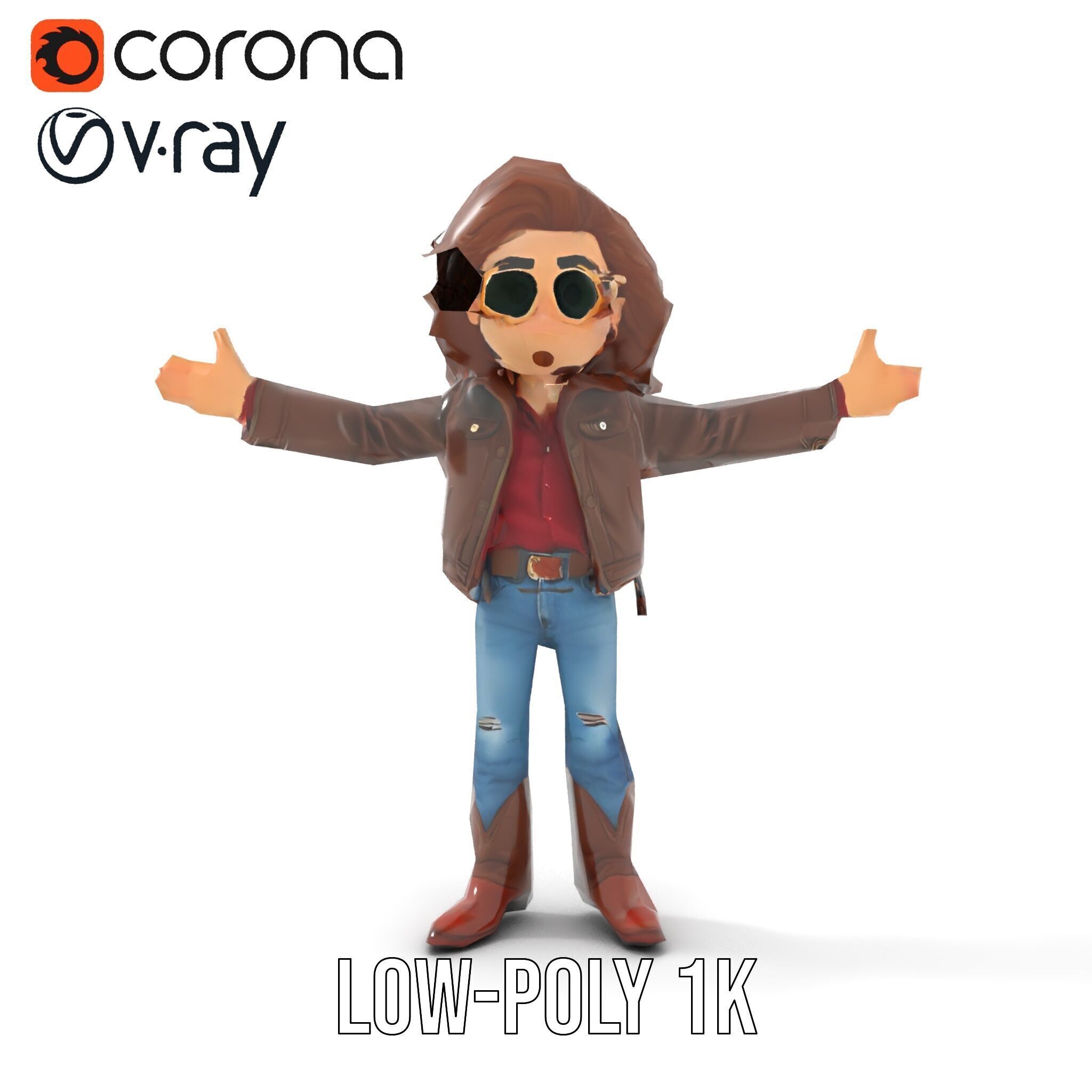 Stylish Adventurer in Leather Jacket Rigged and Animated Low-poly 3D model_11