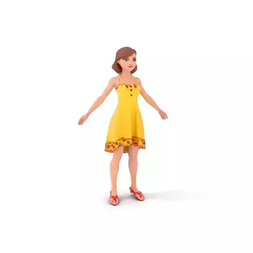 Sunny Day Female Character in Yellow Dress Rigged and Animated