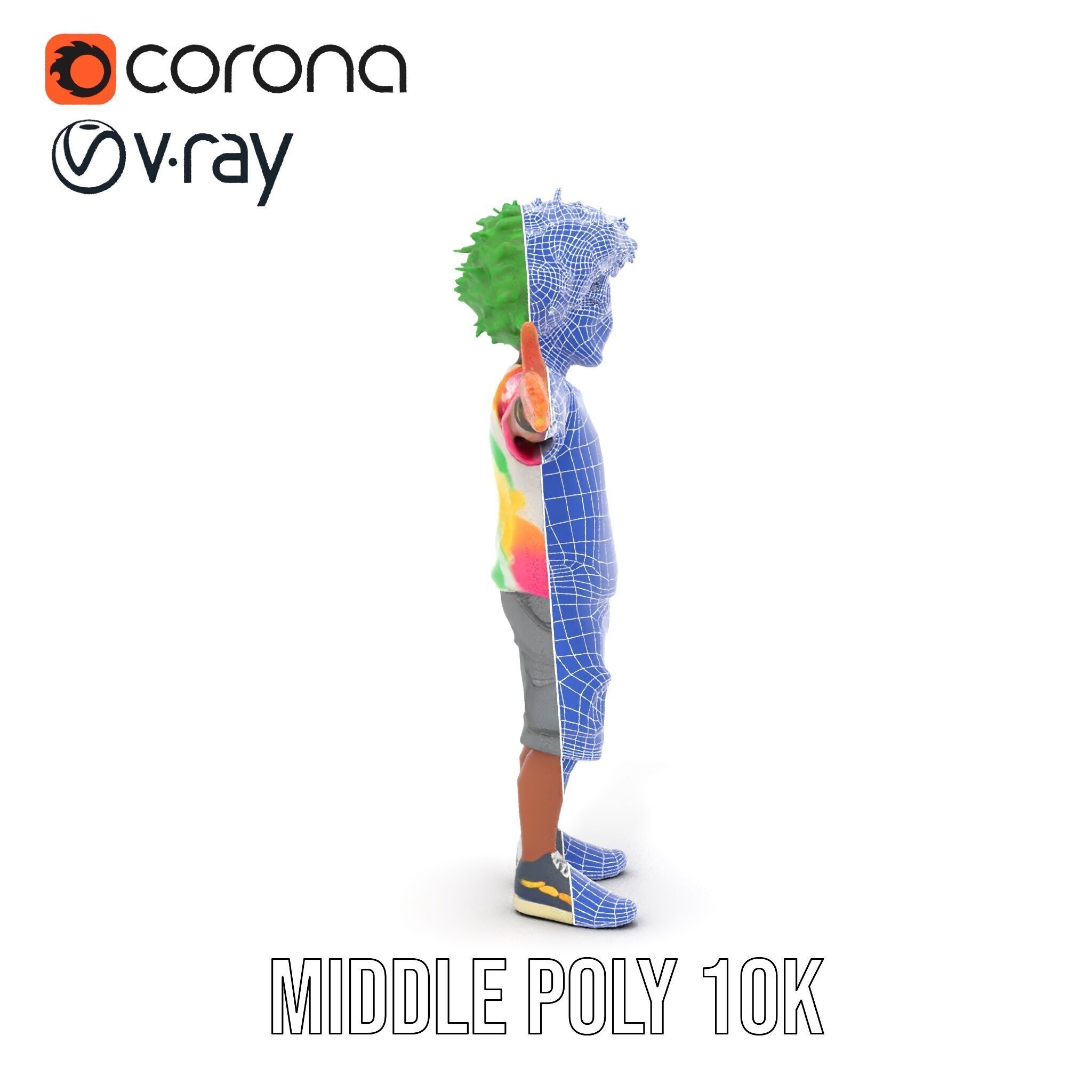 Animated TieDye Youth Character with Green Afro Rigged and An... Low-poly 3D model_21