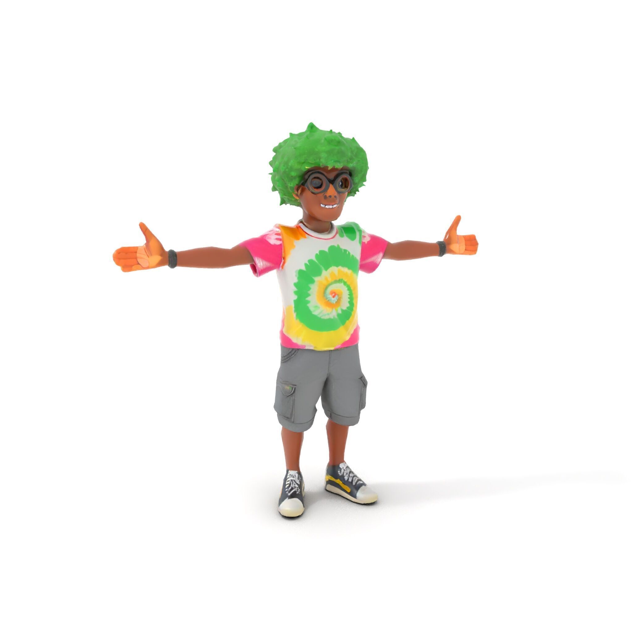 Animated TieDye Youth Character with Green Afro Rigged and An... Low-poly 3D model_33