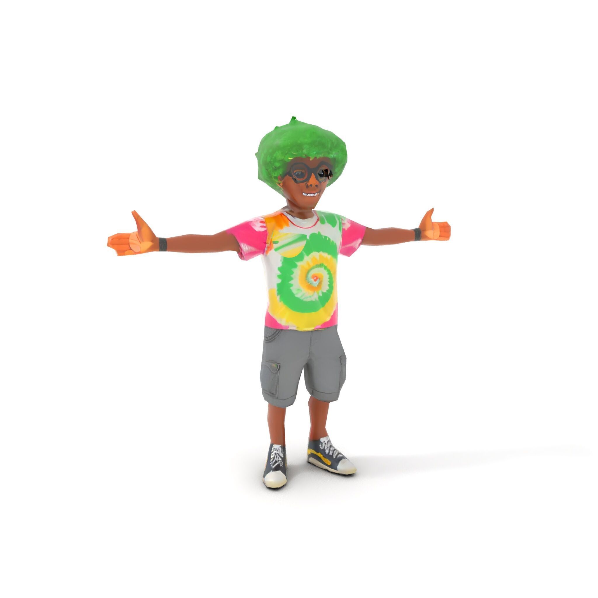 Animated TieDye Youth Character with Green Afro Rigged and An... Low-poly 3D model_25