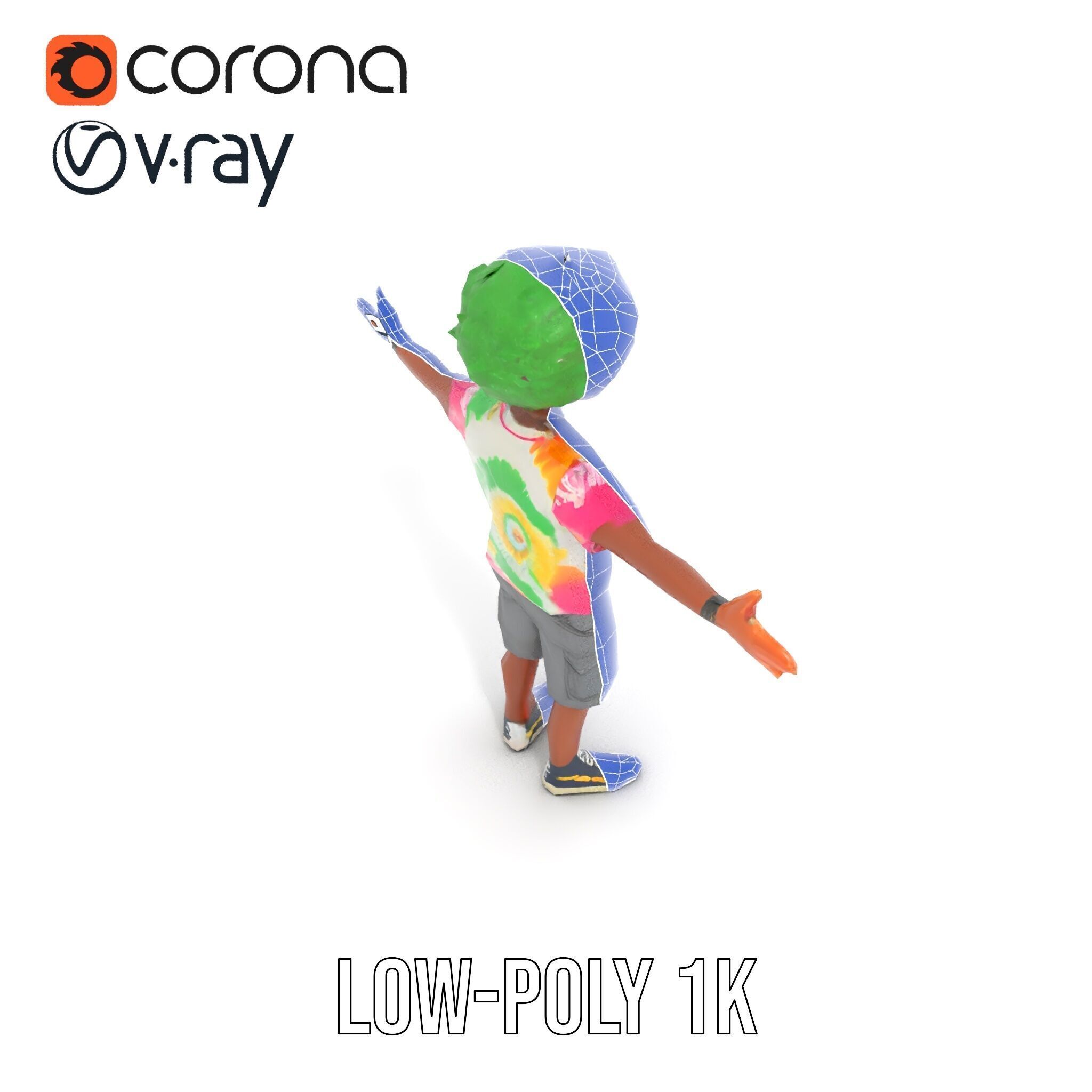 Animated TieDye Youth Character with Green Afro Rigged and An... Low-poly 3D model_12