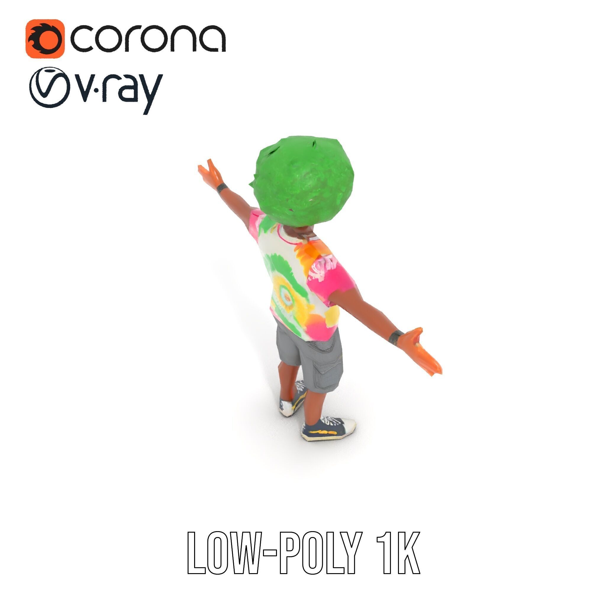 Animated TieDye Youth Character with Green Afro Rigged and An... Low-poly 3D model_19