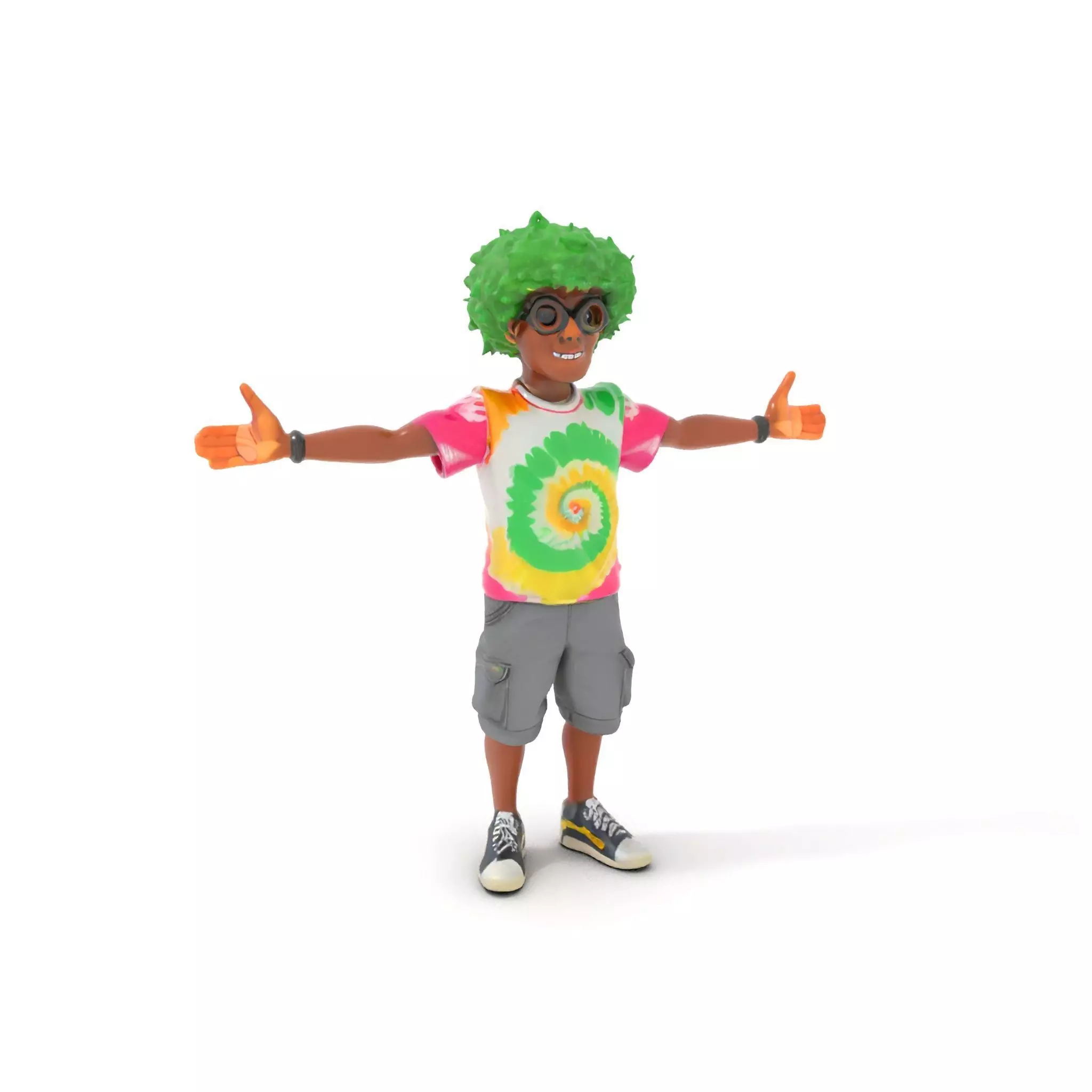 Animated TieDye Youth Character with Green Afro Rigged and An... Low-poly 3D model_0