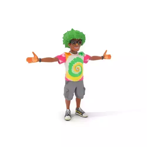 Animated TieDye Youth Character with Green Afro Rigged and An... Low-poly 3D model