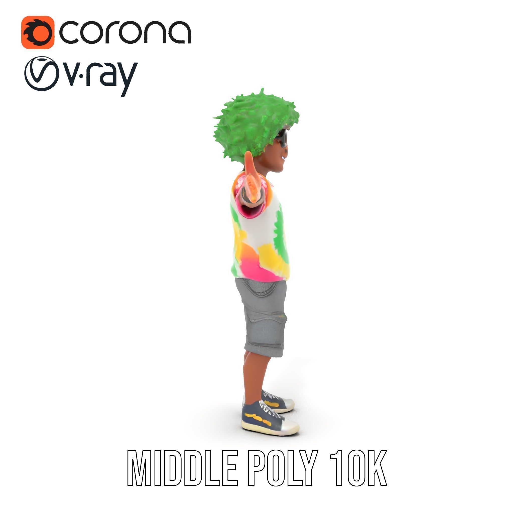 Animated TieDye Youth Character with Green Afro Rigged and An... Low-poly 3D model_16