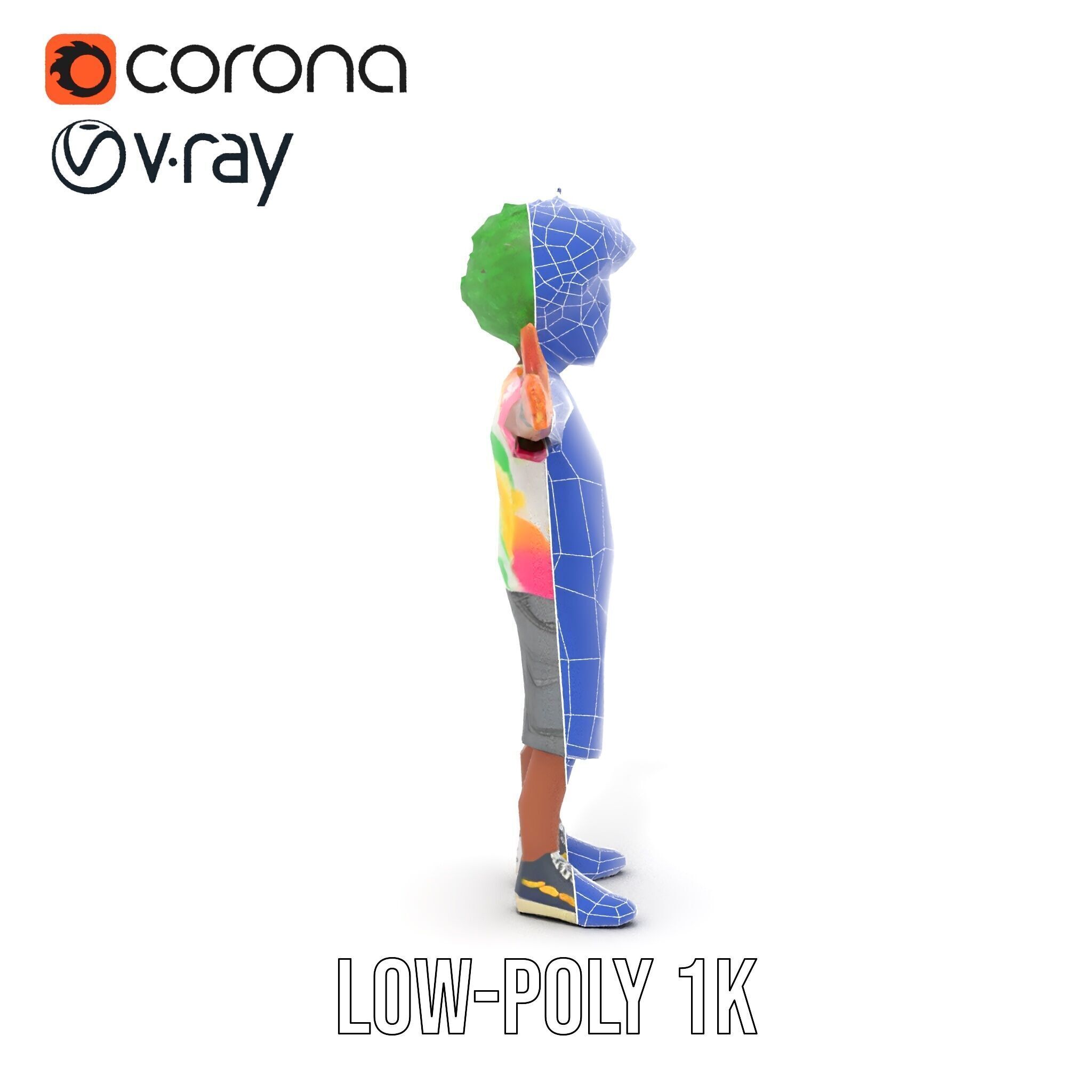 Animated TieDye Youth Character with Green Afro Rigged and An... Low-poly 3D model_22