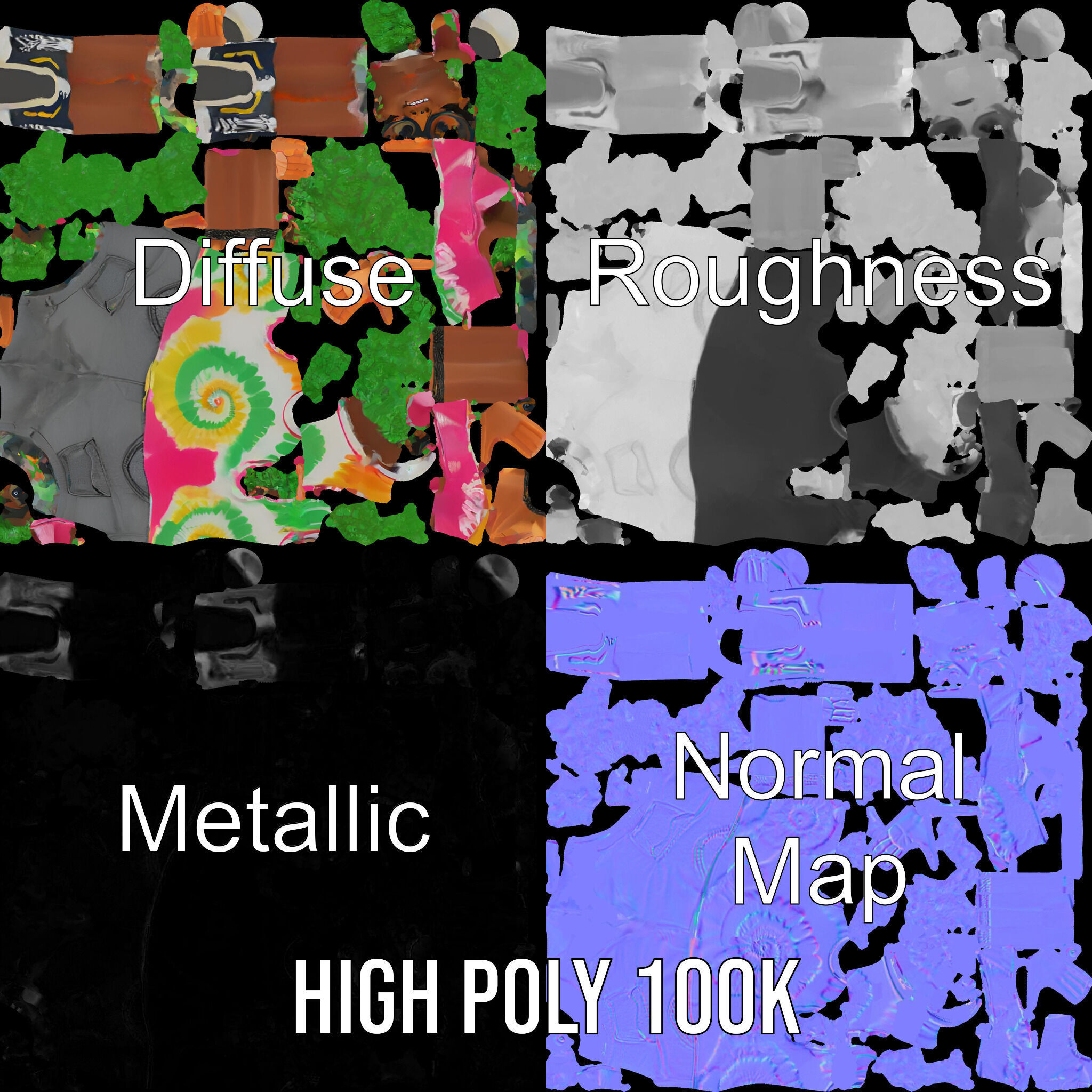 Animated TieDye Youth Character with Green Afro Rigged and An... Low-poly 3D model_4