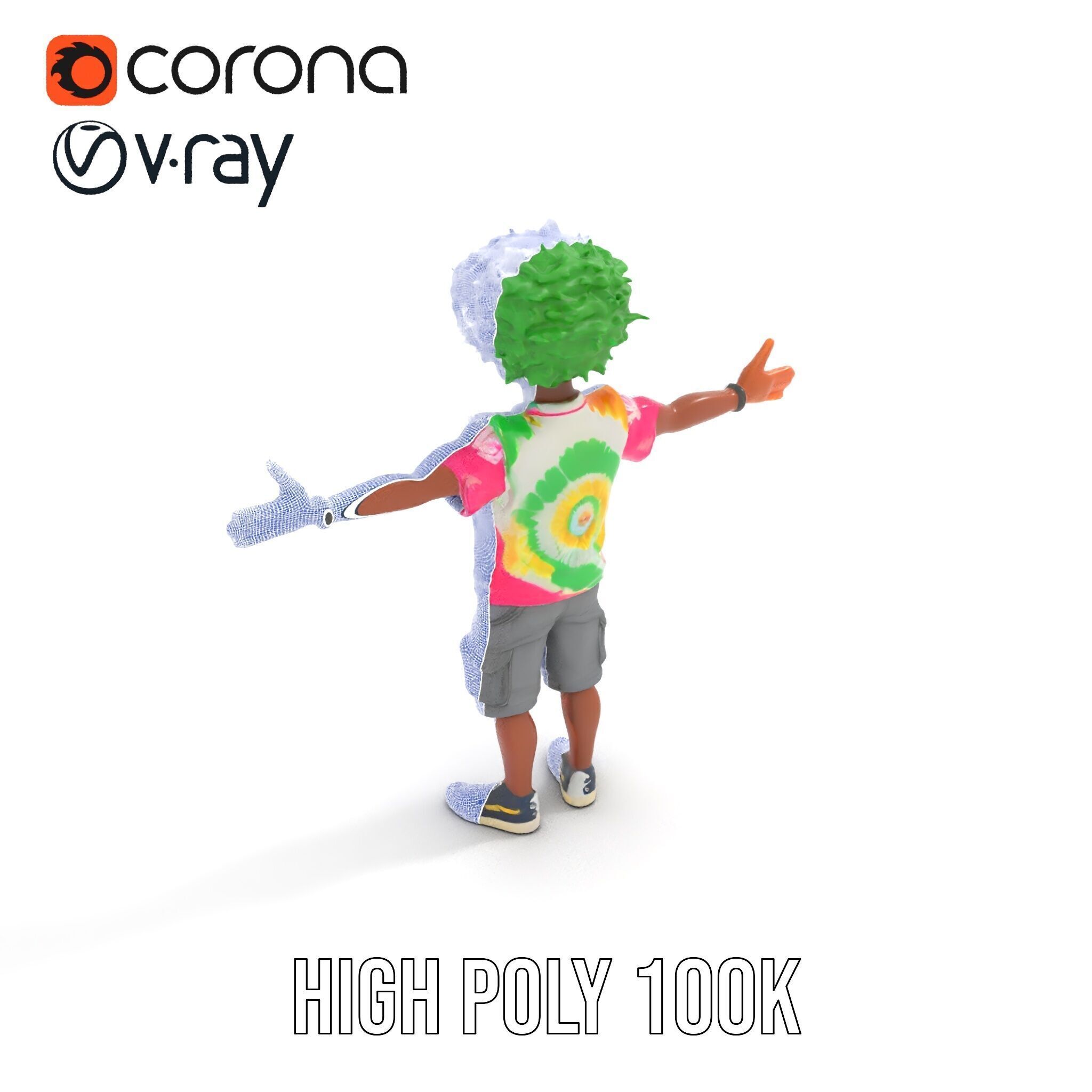 Animated TieDye Youth Character with Green Afro Rigged and An... Low-poly 3D model_32