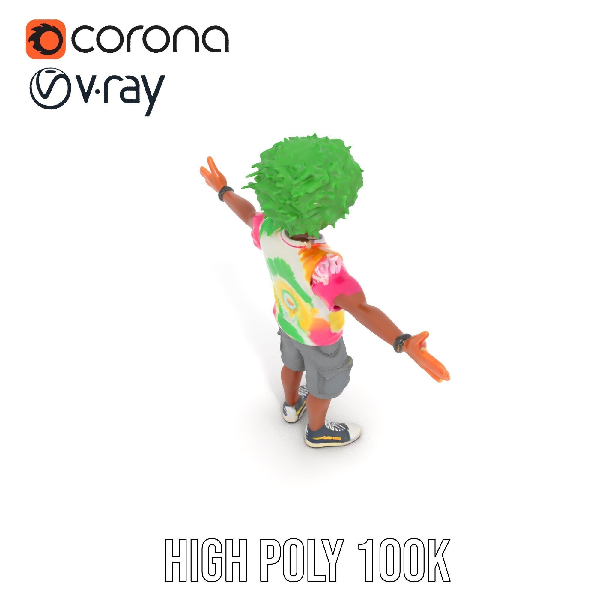 Animated TieDye Youth Character with Green Afro Rigged and An... Low-poly 3D model_20