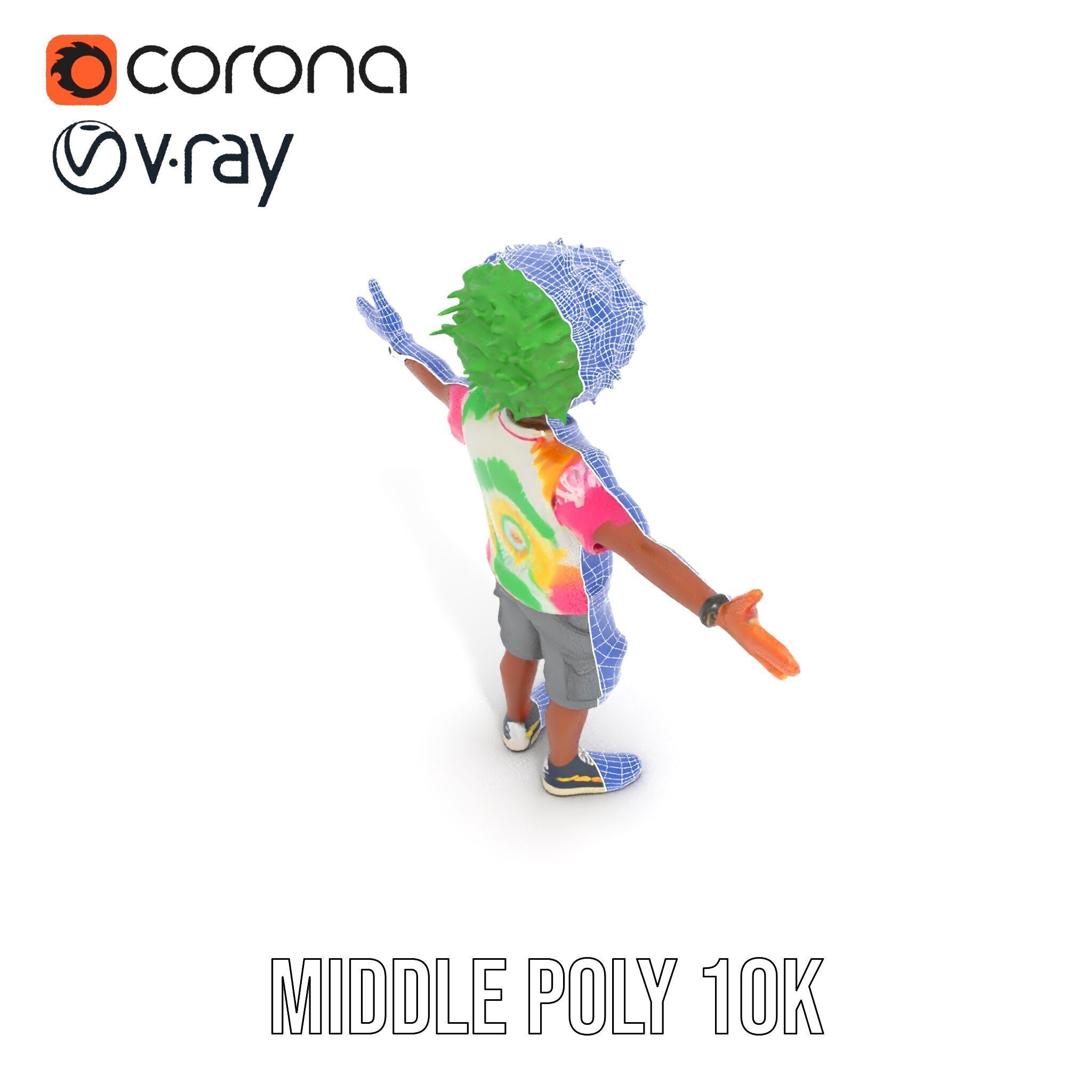 Animated TieDye Youth Character with Green Afro Rigged and An... Low-poly 3D model_11