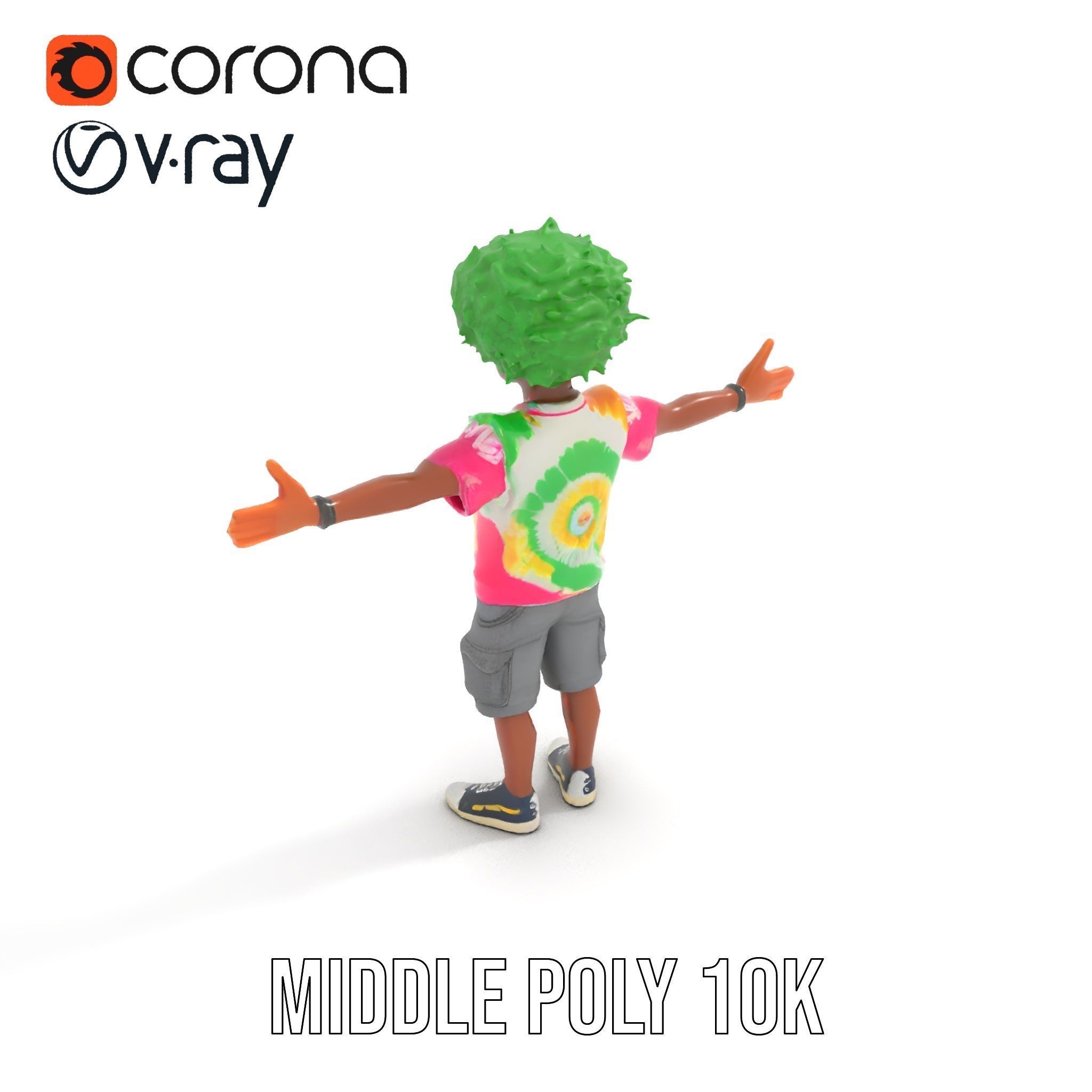 Animated TieDye Youth Character with Green Afro Rigged and An... Low-poly 3D model_30
