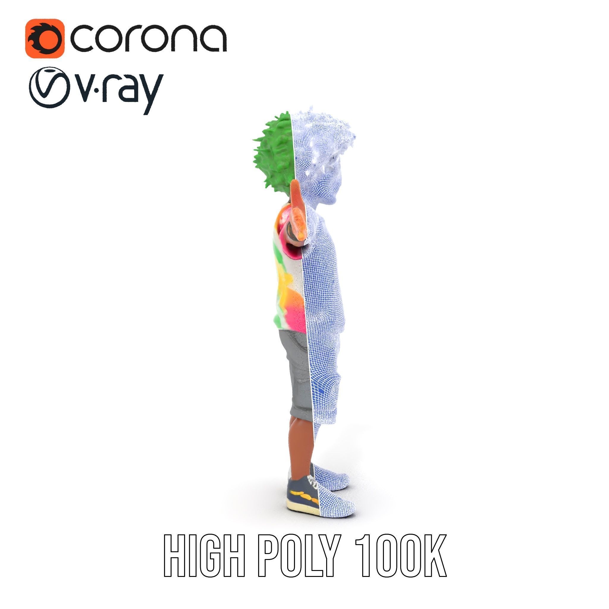 Animated TieDye Youth Character with Green Afro Rigged and An... Low-poly 3D model_34