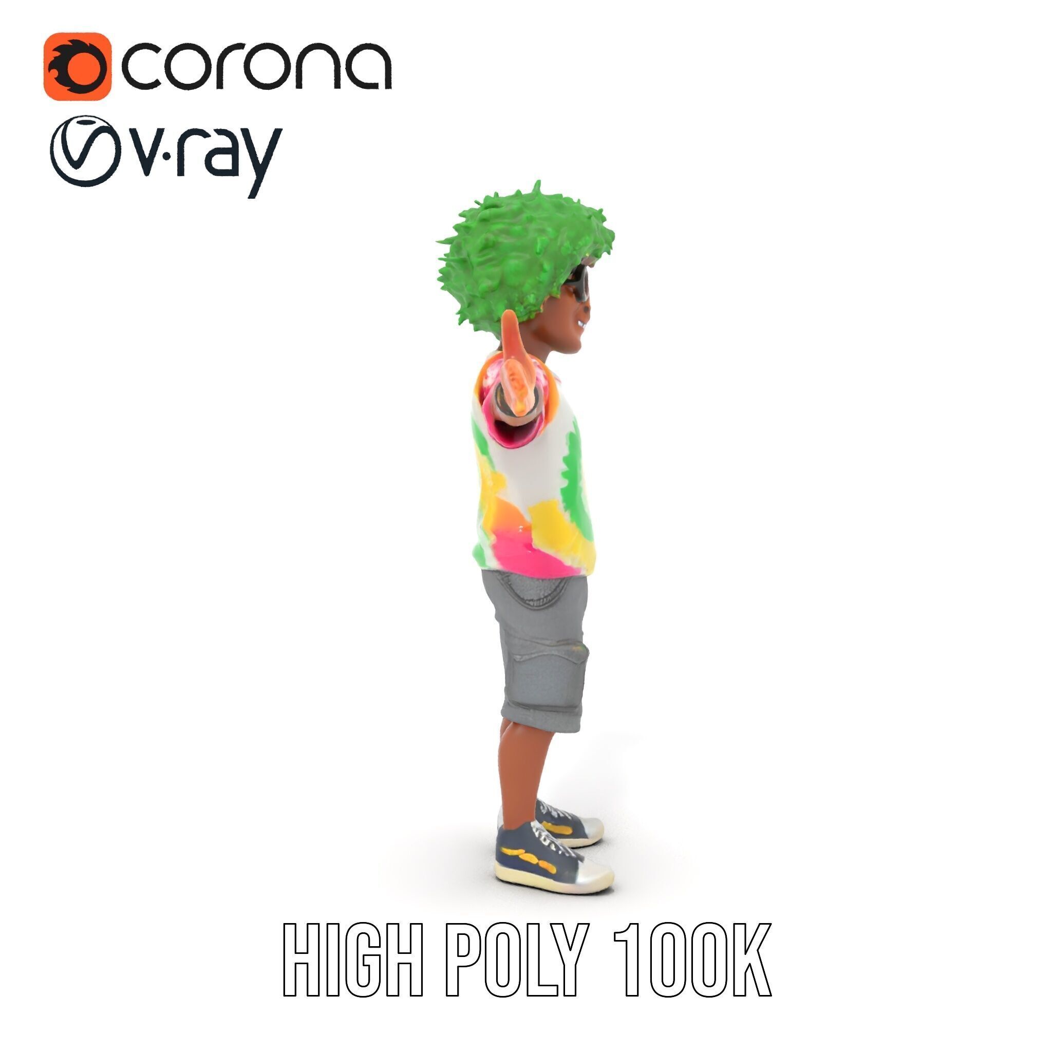 Animated TieDye Youth Character with Green Afro Rigged and An... Low-poly 3D model_23