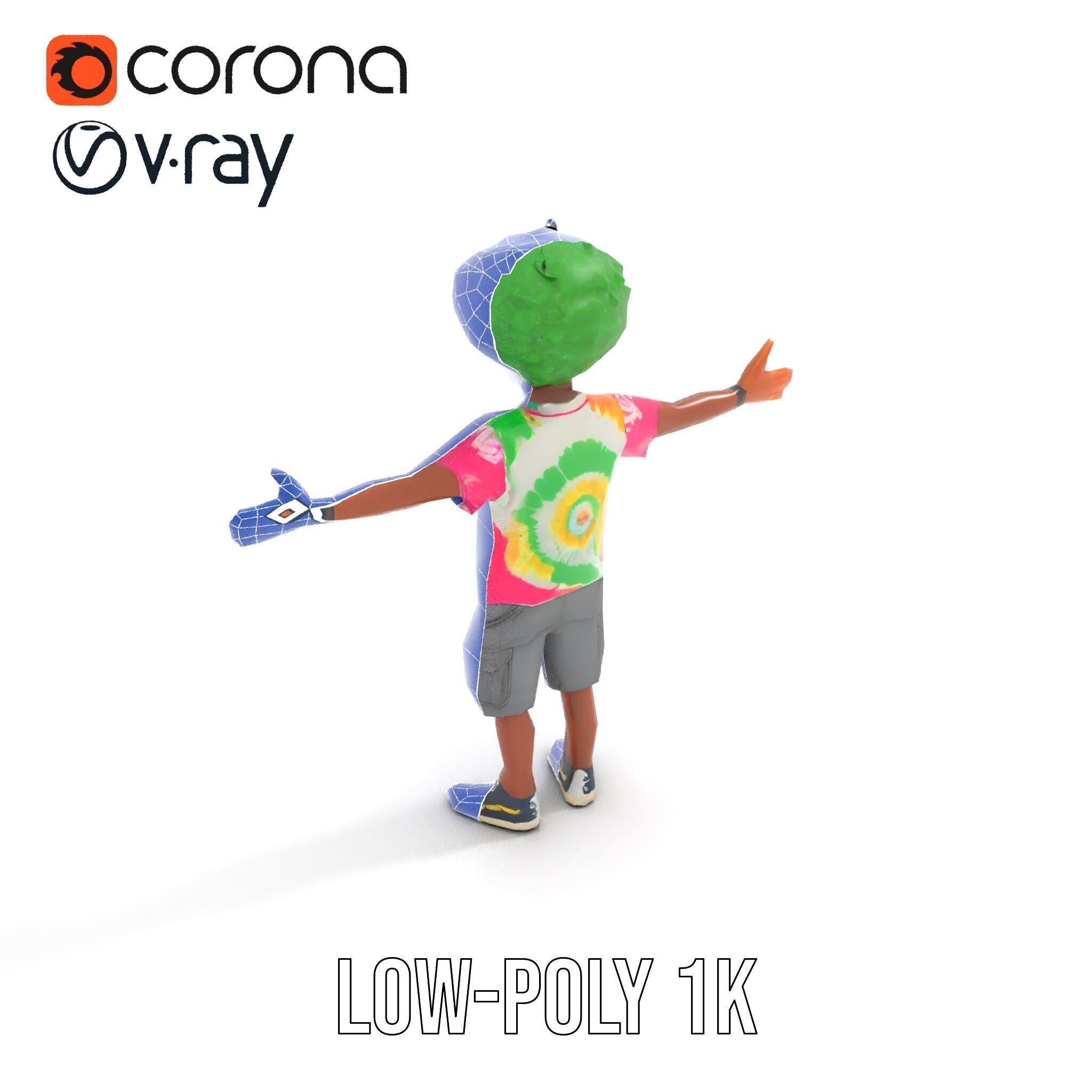Animated TieDye Youth Character with Green Afro Rigged and An... Low-poly 3D model_28