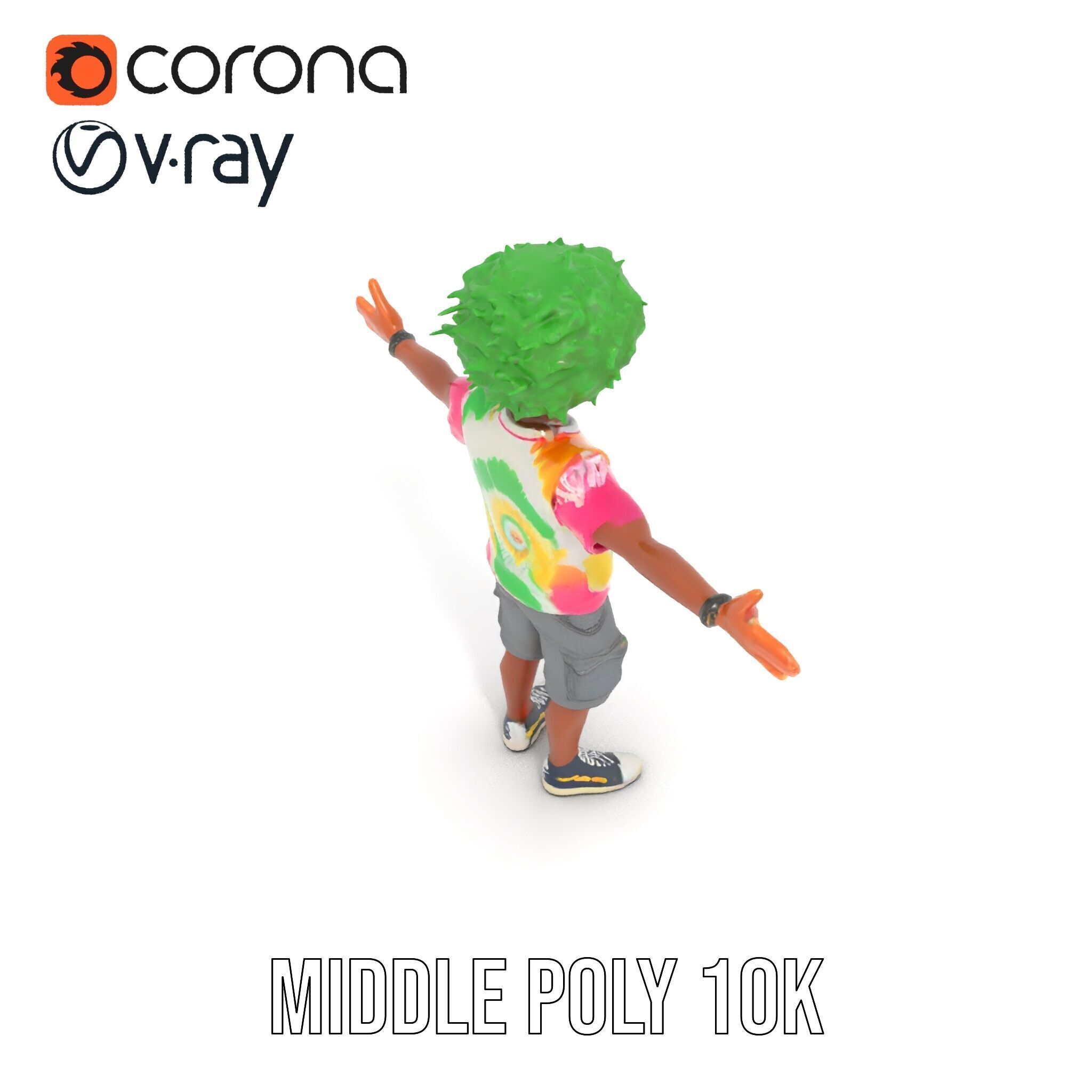 Animated TieDye Youth Character with Green Afro Rigged and An... Low-poly 3D model_13