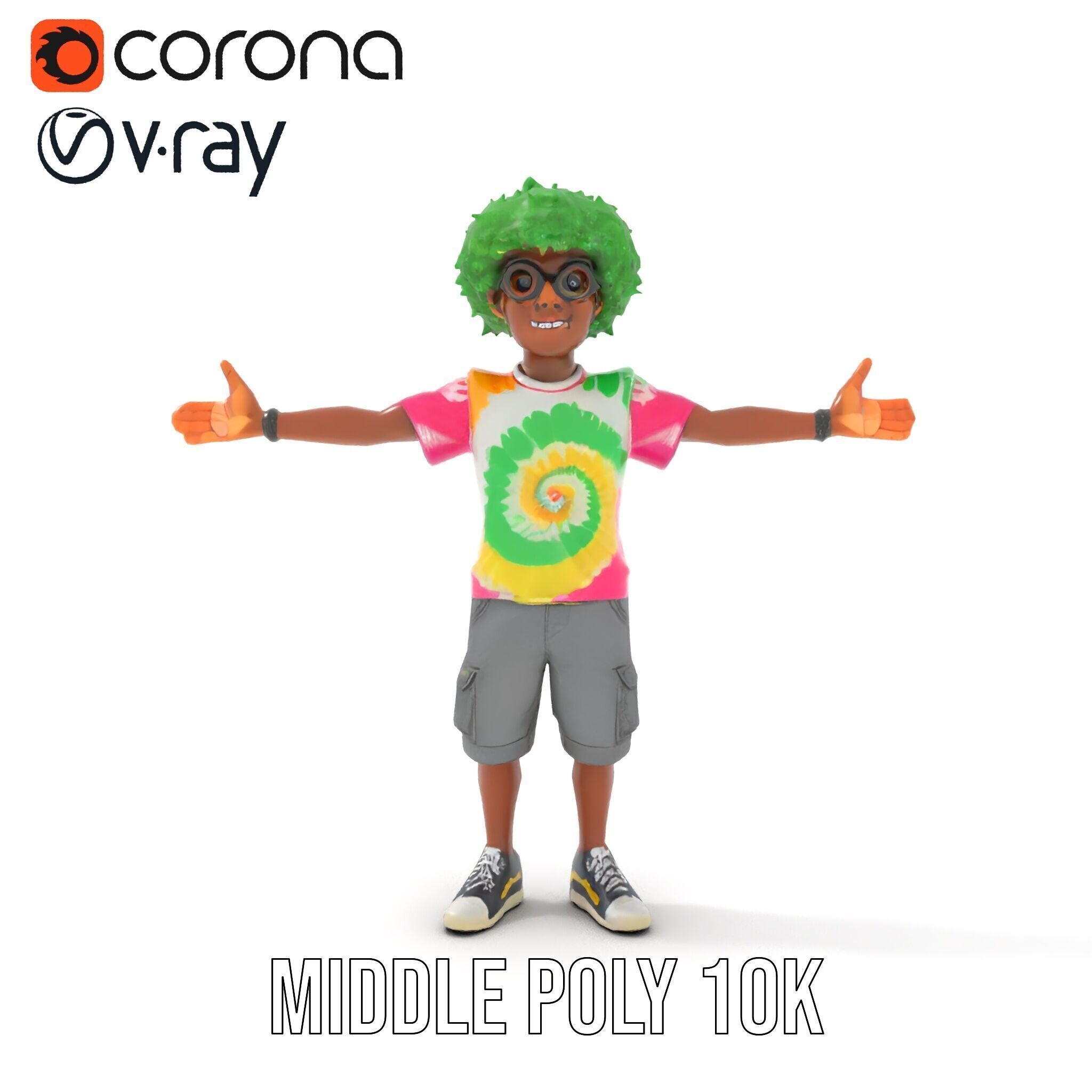 Animated TieDye Youth Character with Green Afro Rigged and An... Low-poly 3D model_18