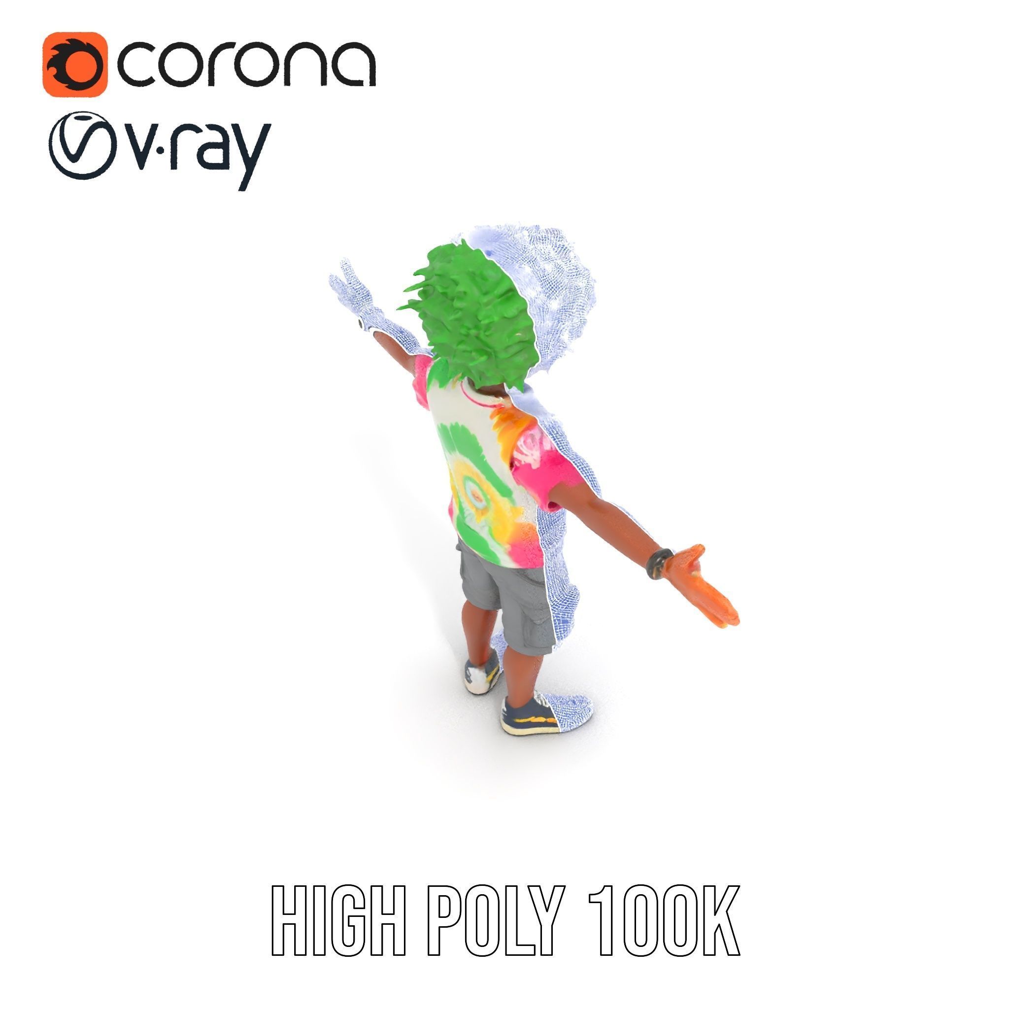 Animated TieDye Youth Character with Green Afro Rigged and An... Low-poly 3D model_29