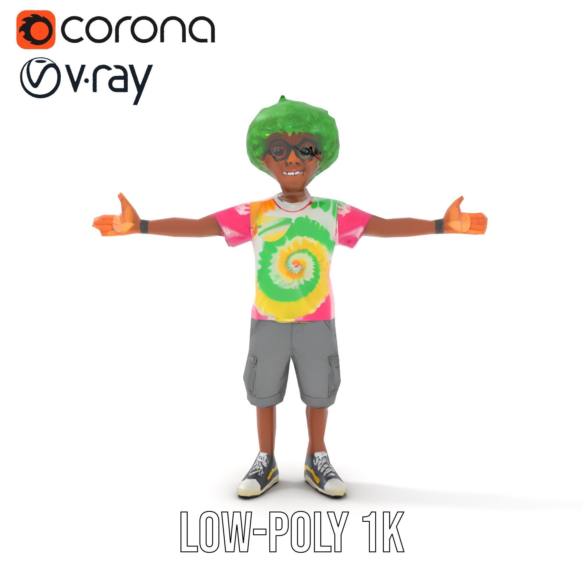 Animated TieDye Youth Character with Green Afro Rigged and An... Low-poly 3D model_8