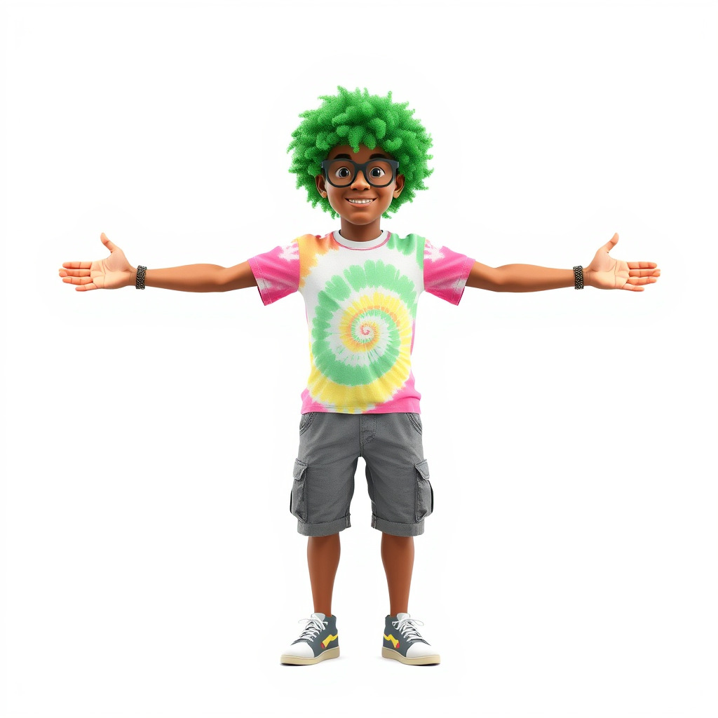 Animated TieDye Youth Character with Green Afro Rigged and An... Low-poly 3D model_3