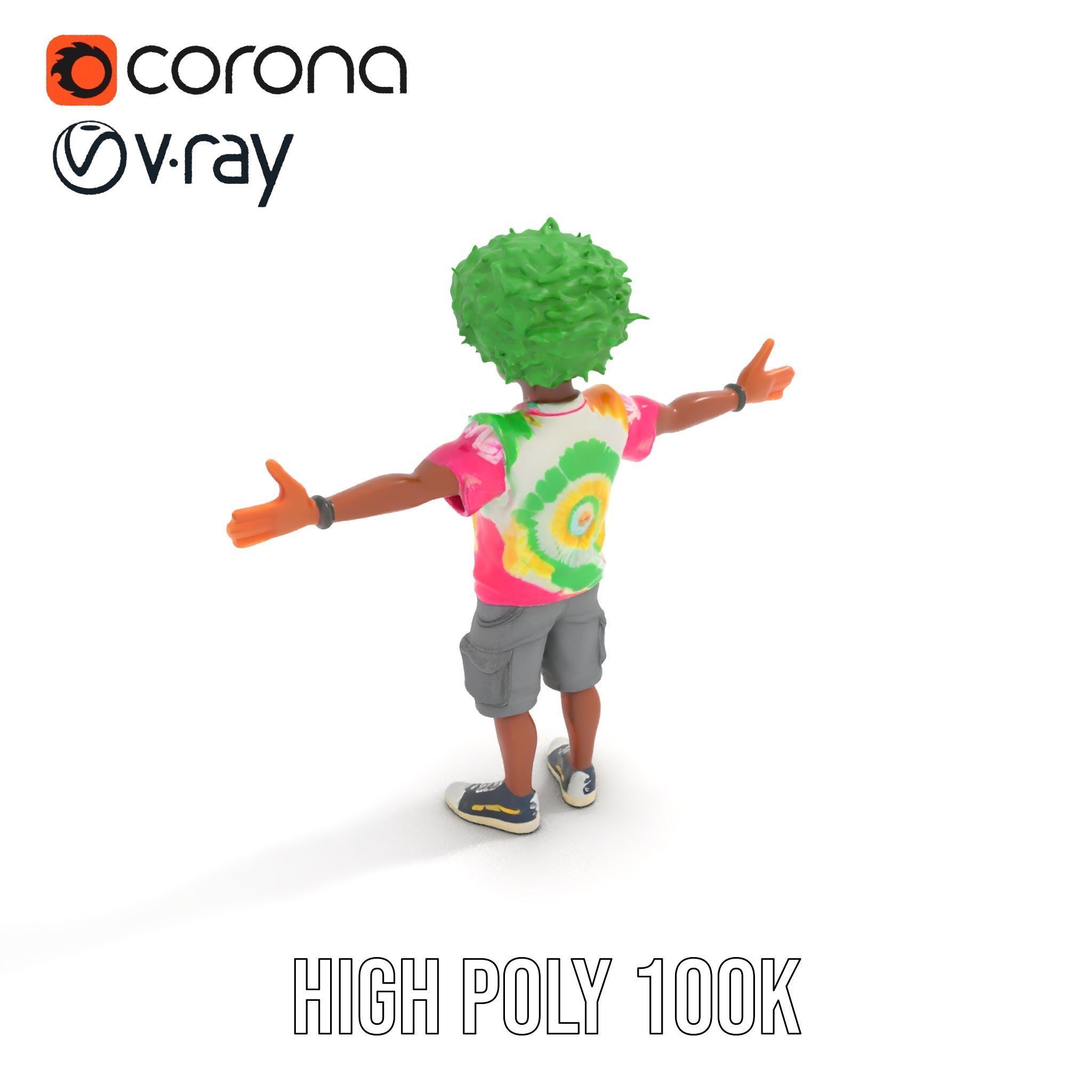 Animated TieDye Youth Character with Green Afro Rigged and An... Low-poly 3D model_10