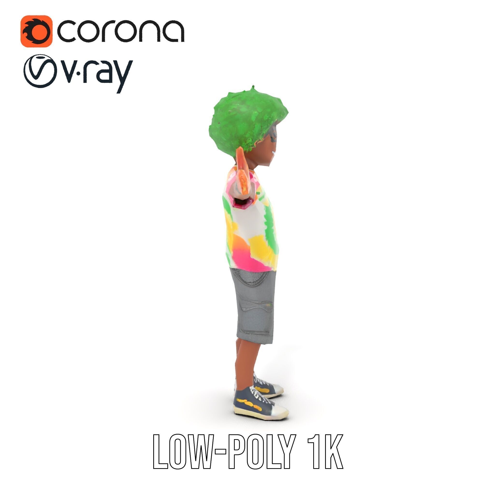 Animated TieDye Youth Character with Green Afro Rigged and An... Low-poly 3D model_14