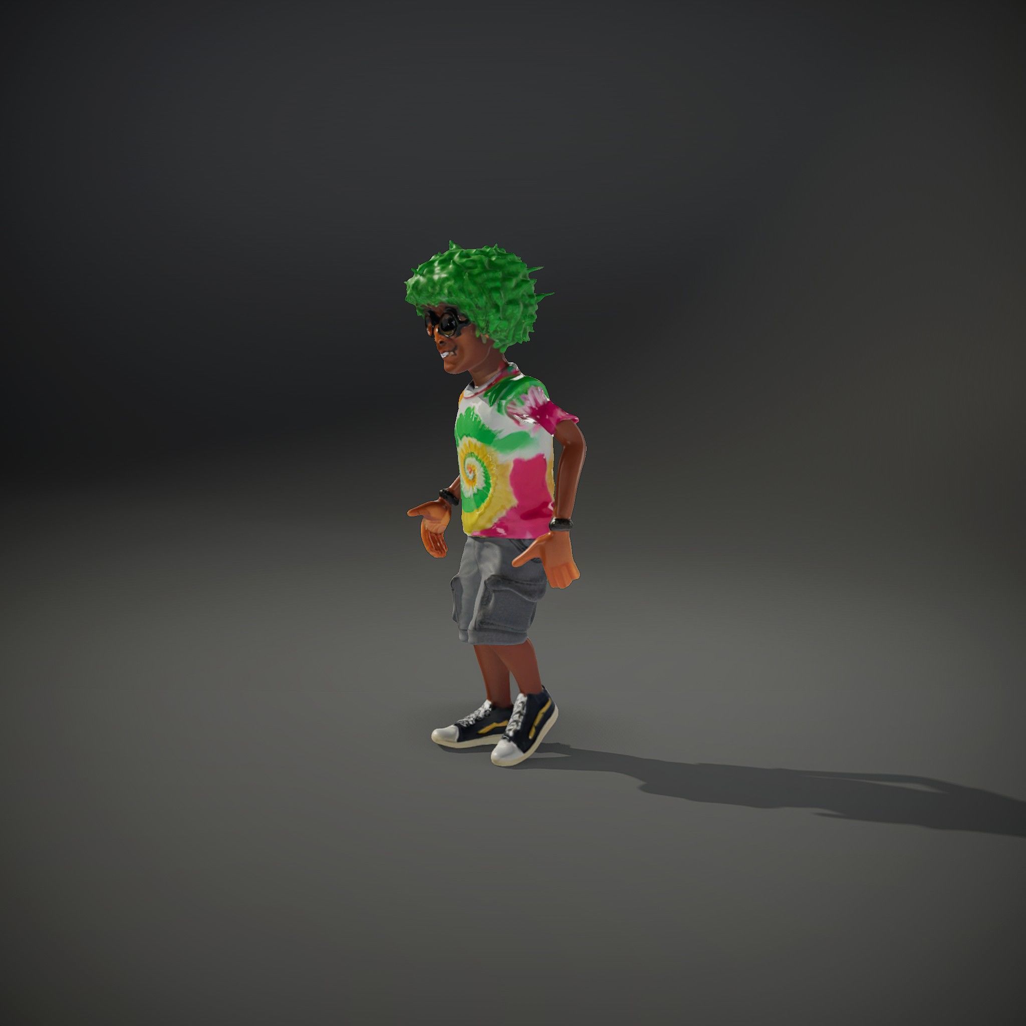 Animated TieDye Youth Character with Green Afro Rigged and An... Low-poly 3D model_36