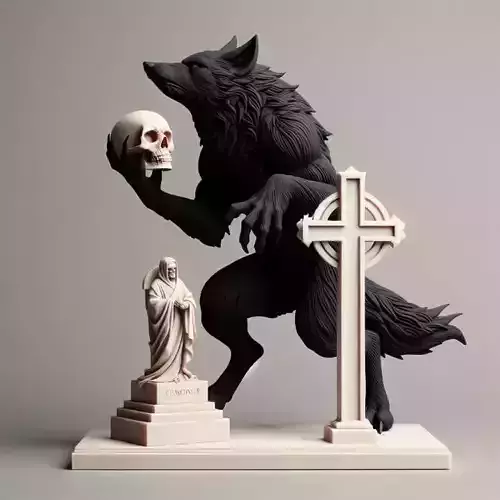 1092COLORFUL Werewolf Howling with Skull 3D Model