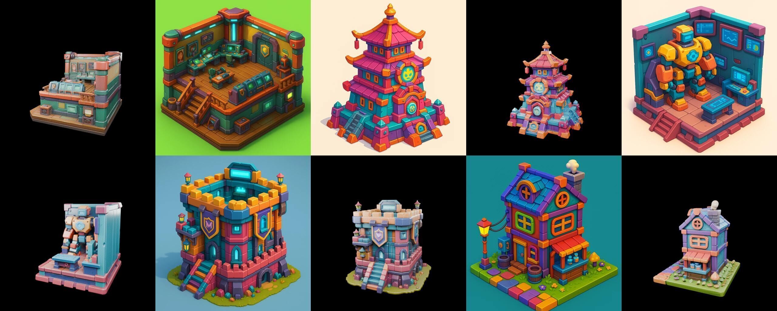 Building Color bundle 30 pack 100 glb Low-poly 3D model_10