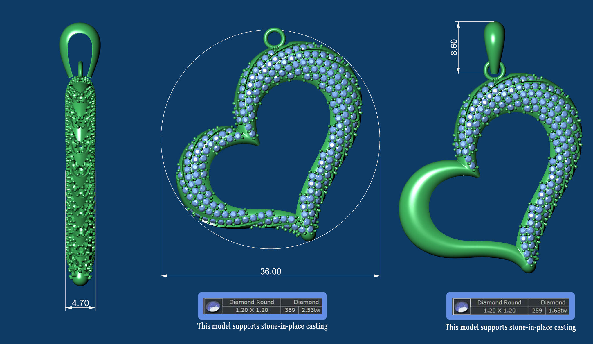Heart Pendant 36mm Two Variants Stone-in-place casting 3D print model_10