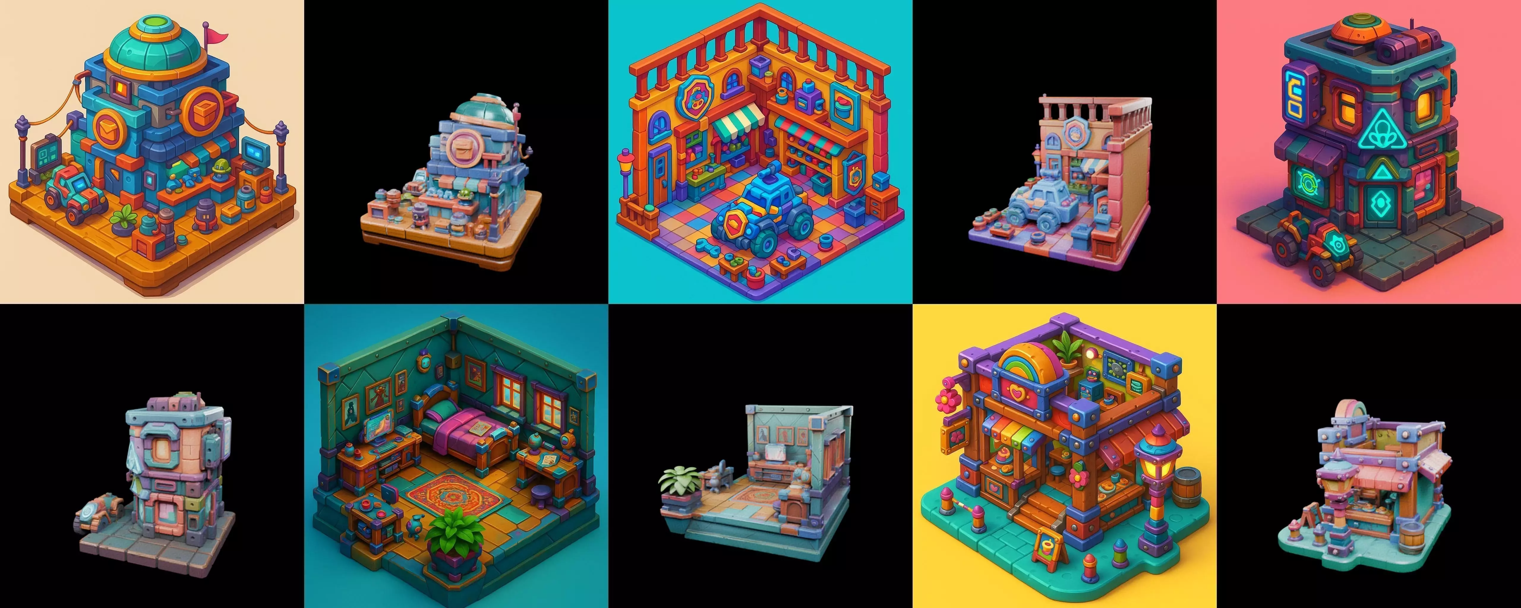 Building Color bundle 14 pack 100 glb Low-poly 3D model_0