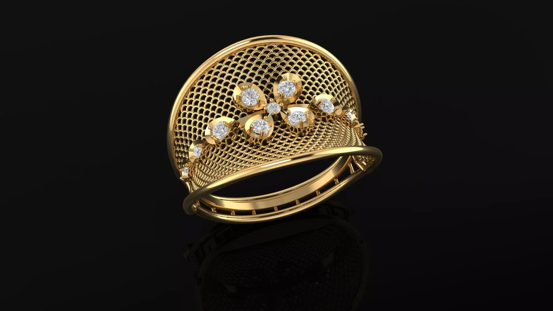  Floral Mesh Yellow Gold ring with Brilliant-Cut Diamonds 3D print model_0