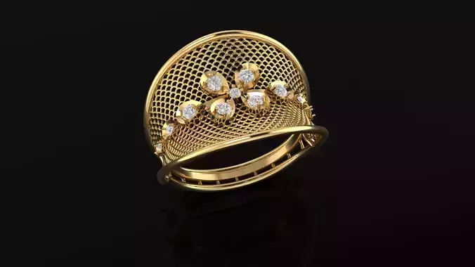  Floral Mesh Yellow Gold ring with Brilliant-Cut Diamonds 3D print model