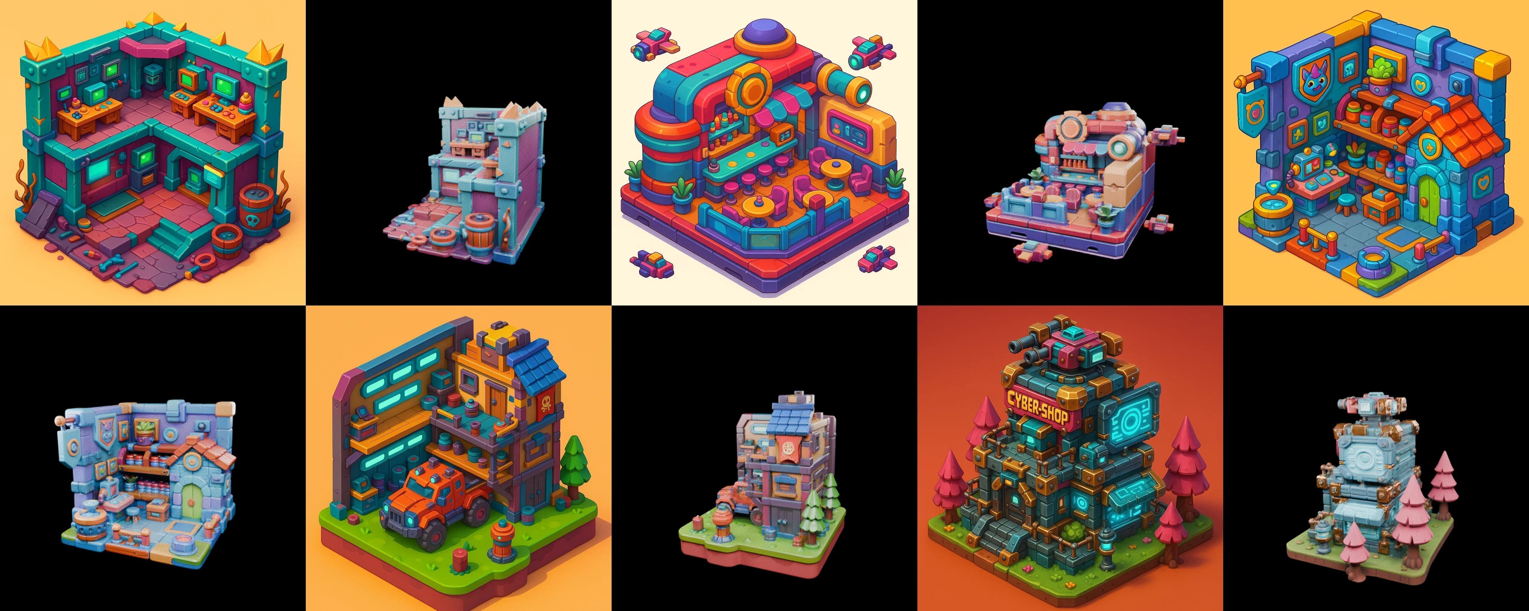 Building Color bundle 11 pack 100 glb Low-poly 3D model_10