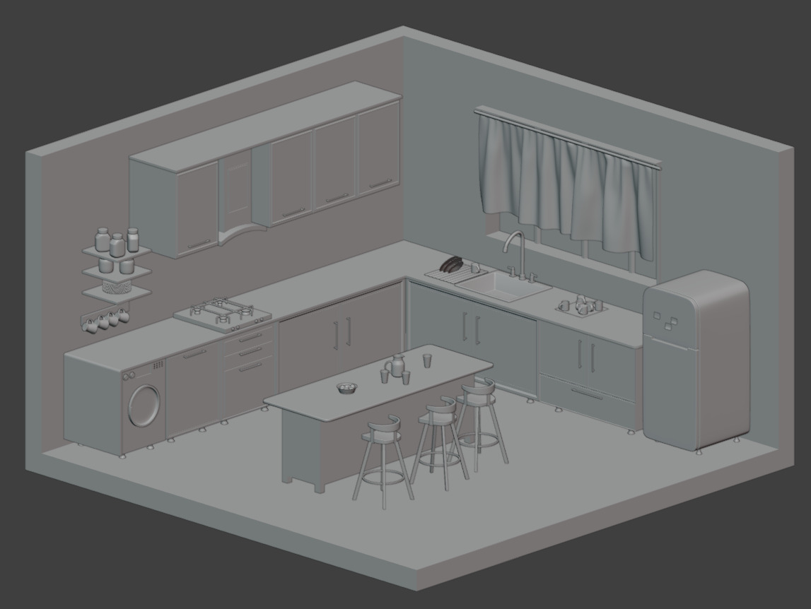 Modern Isometric Kitchen Scene Blender FBX OBJ 3D model_3