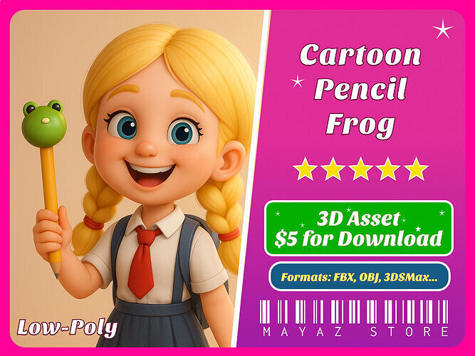 Pencil Frog school supplies  Low-poly 3D model